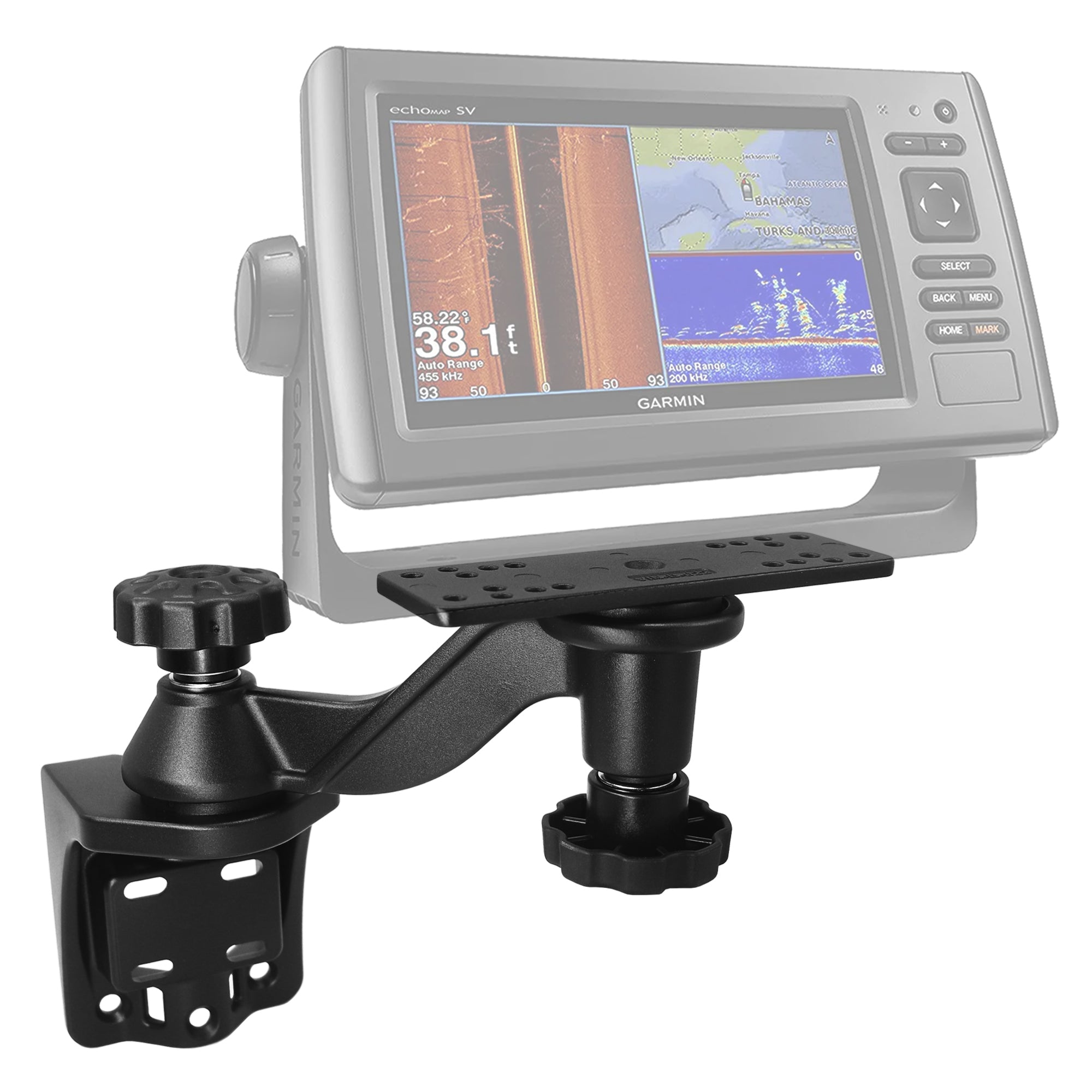All Aluminium Fish Finder/Chartplotter Mount, 360° Swivel Adjustable, Securely Holds 7" to 16" Screens (Rails&Flat Mounting)