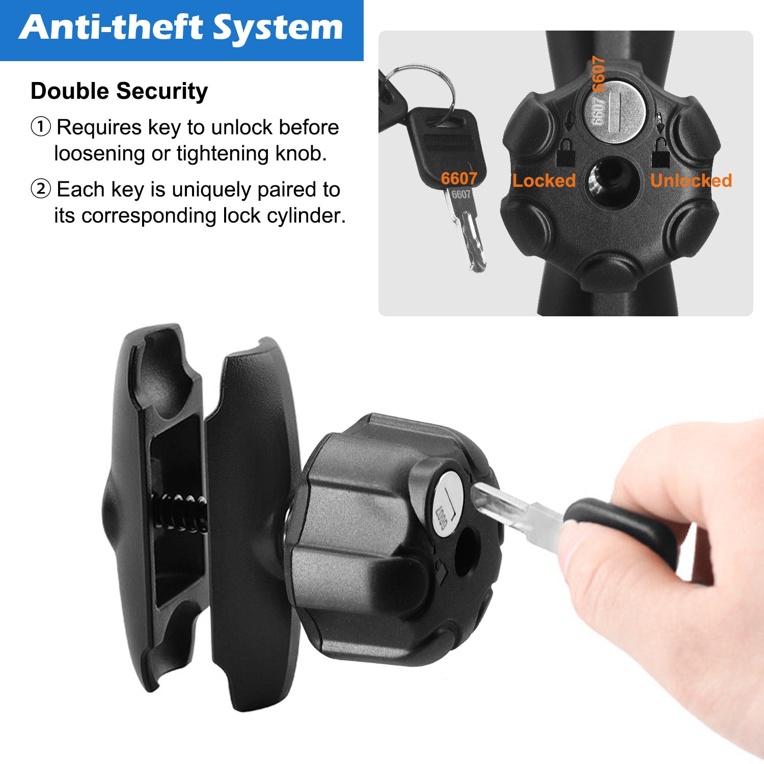 Aluminum 1 inches 3.54''(90mm) Double Socket Arm with Anti-Theft Lock, Fits 1" Ball