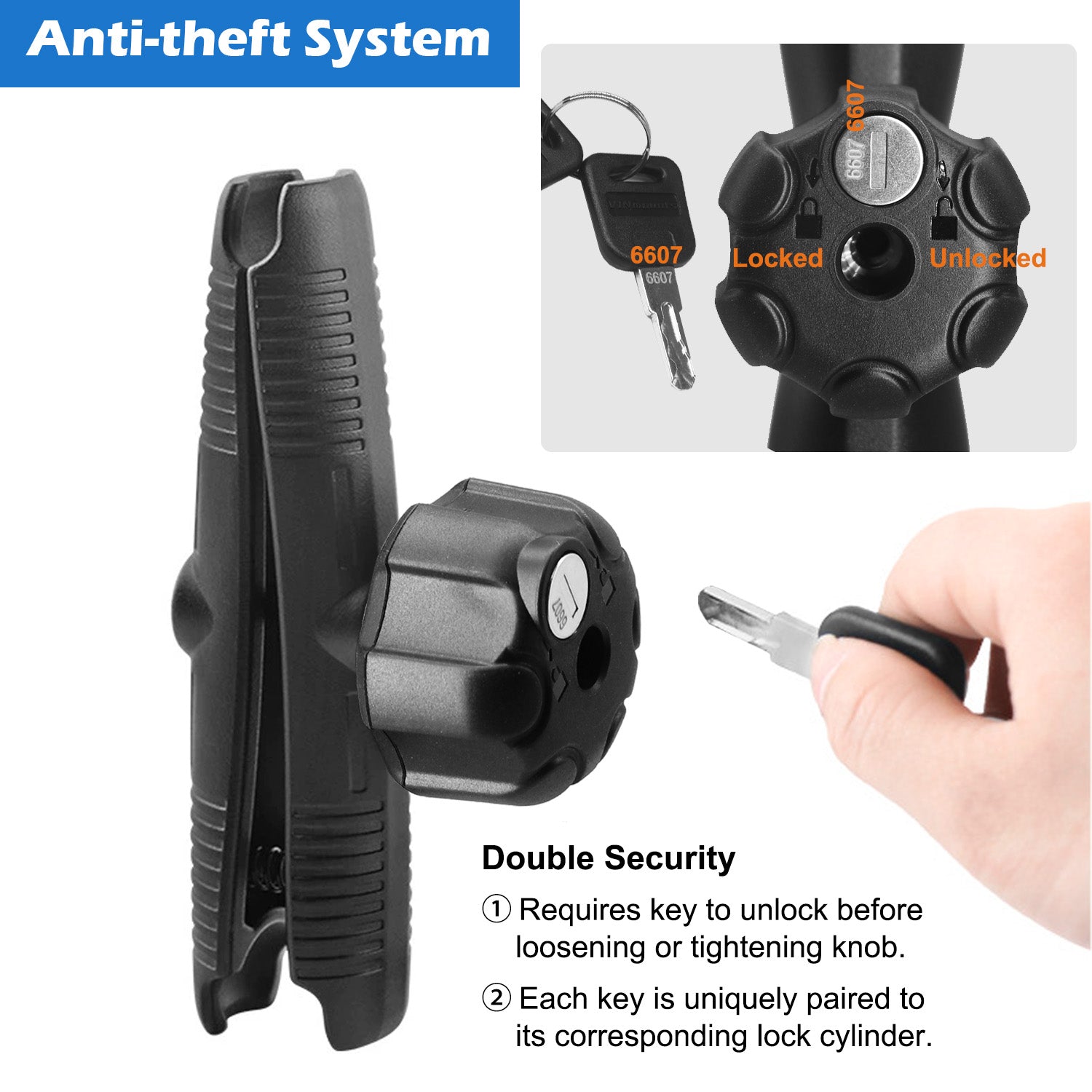 Aluminum 1 inches 6.69''(170mm) Double Socket Arm with Anti-Theft Lock, Fits 1" Ball