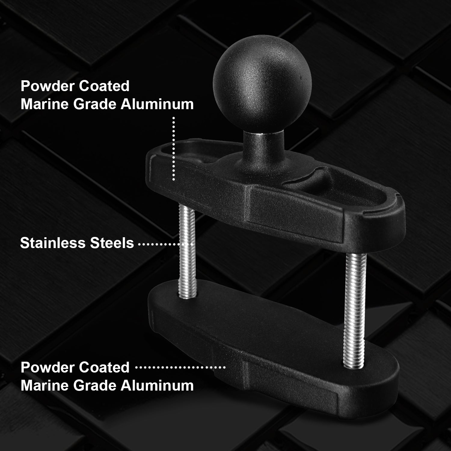 Aluminum Grab Bar Clamp Mount Base with 1.5'' Ball for Square Rails up to 2.1'' in Diameter