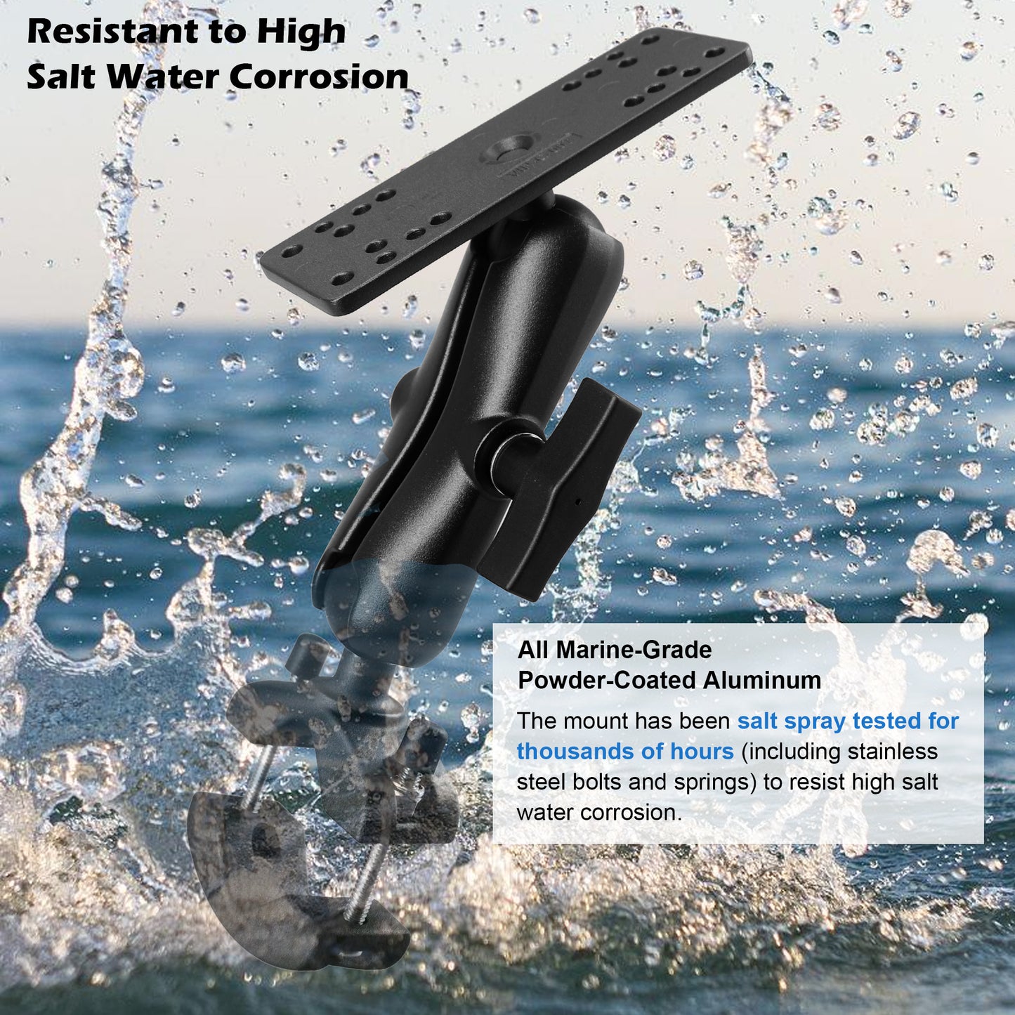 WINDFRD 1.5" Ball Aluminum Fish Finder Mount with Clamp Mount Base for Rails 1.18'' to 2'' in Diameter, Medium Arm Marine Electronic/Depth Finder Mount for Boat, Compatible with Garmin, Lowrance and More