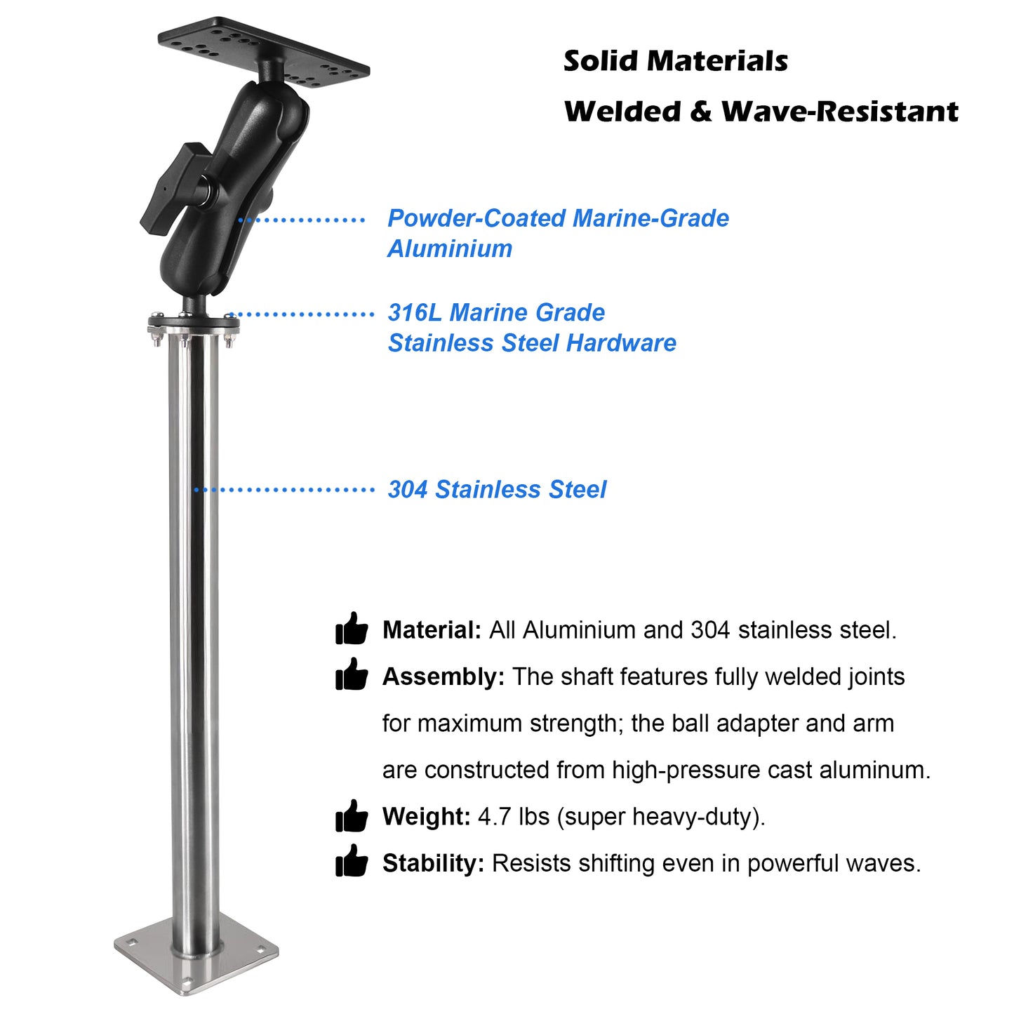WINDFRD All 304 Stainless Steel and Aluminum Fish Finder Mount with 17" Long Shaft and 1.5" Ball/C Size 5.9" Adjustable Arm, Marine Electronic/Depth Finder Mount, Compatible with Garmin, Lowrance, Humminbird and More