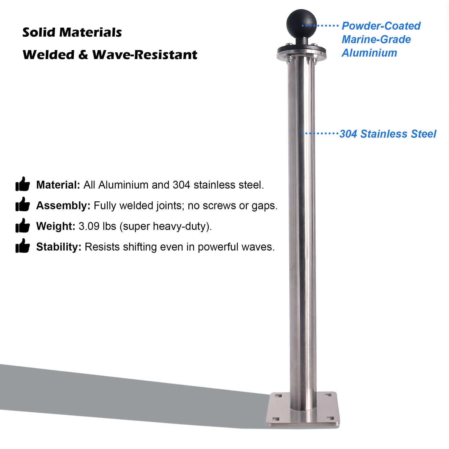 WINDFRD All 304 Stainless Steel Mount Base with 17" Long Arm, Aluminum 1.5" Ball Adapter for Tablets/Fish Finders, Compatible with RAM, Arkon, iBolt and More 1.5 inches/C Size Ball Double Socket Arm