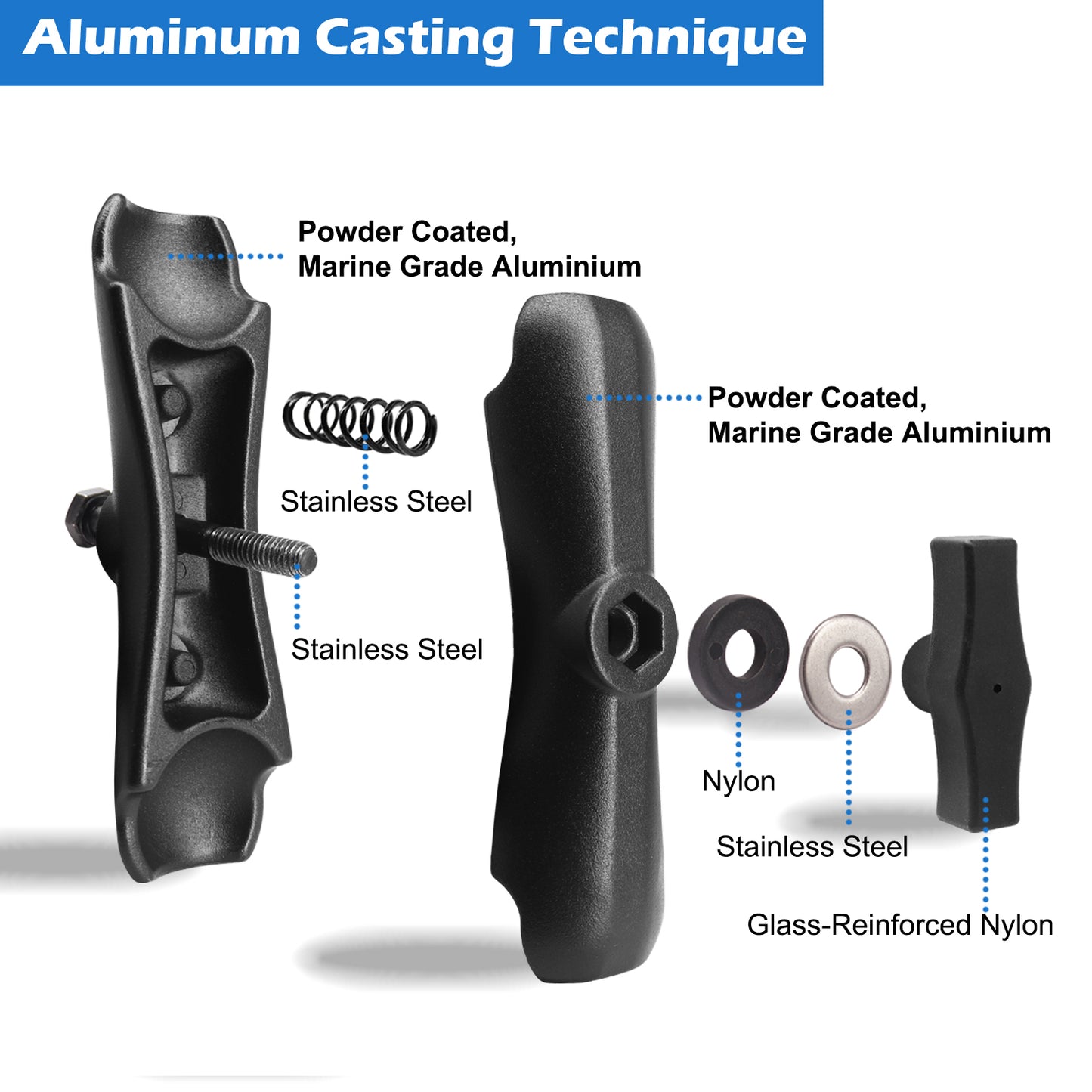 Bras double en aluminium WINDFRD à deux douilles moyennes (5,9") avec adaptateur à double rotule pour accessoires à rotule de 1,5 pouce/taille C/38 mm, pince puissante, réglable à 360°, compatible avec support RAM, iBolt et plus encore.