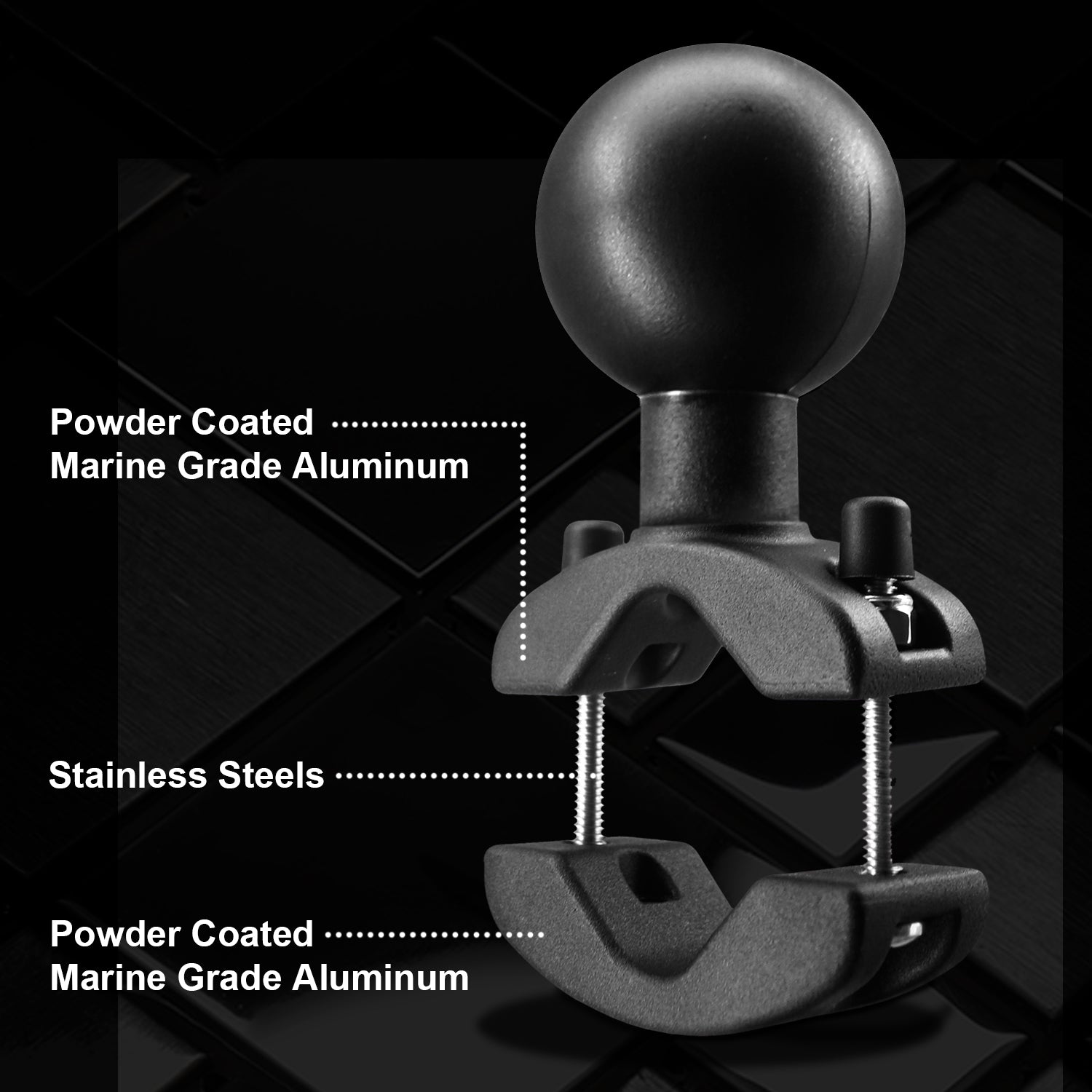Aluminum Grab Bar Clamp Mount Base with 2.25'' Ball for Rails 1.18'' to 2'' in Diameter