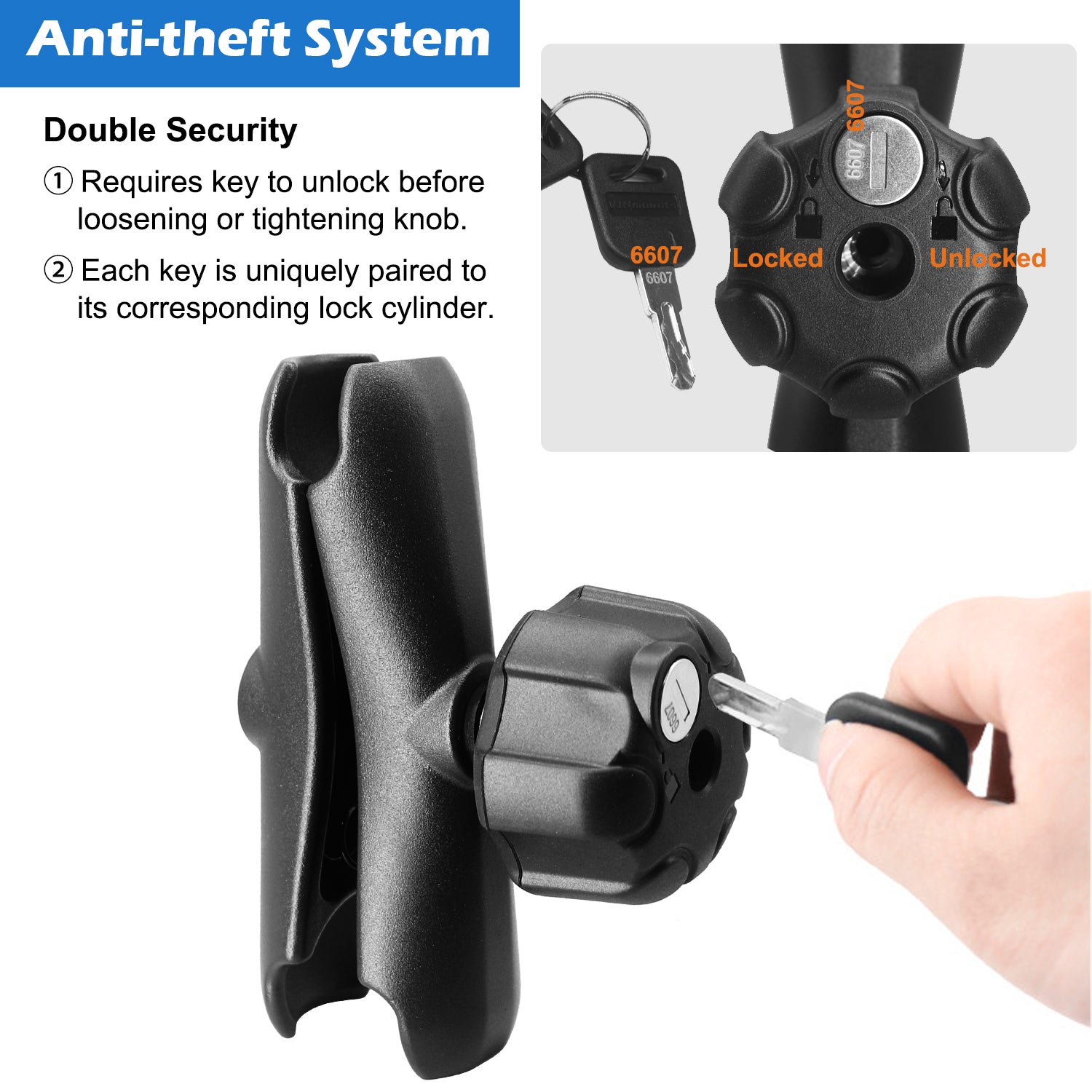 Aluminum 1.5" Ball Medium(5.9") Length Double Socket Arm with Anti-theft Knob System