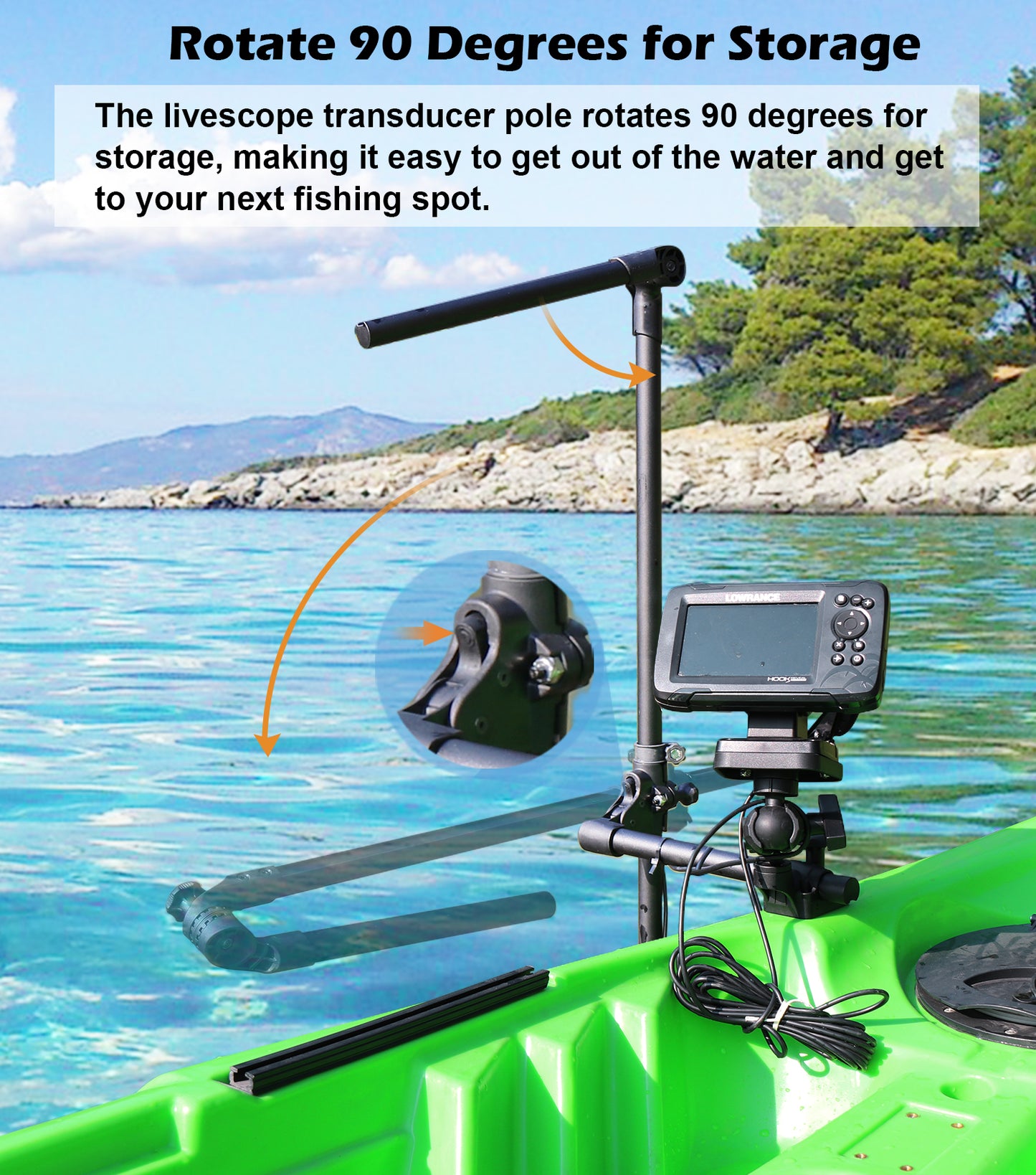 Support de perche pour sondeur Livescope pour kayak, support de sondeur LiveScope pour Garmin et Lowrance, compatible avec les supports RAM, bras à double douille de taille C/1,5" (extension pliable)