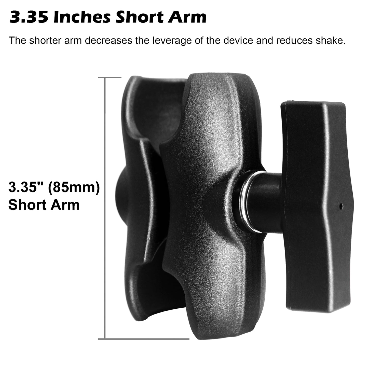 Bras court en aluminium (3,35") à double douille pour accessoires à rotule de 1,5"/taille C/38 mm, pince puissante, compatible avec les supports RAM, iBolt et plus encore.