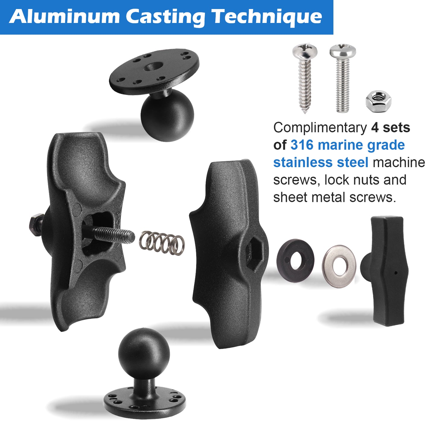 Support double boule WINDFRD en aluminium 1,5" avec deux plaques rondes AMPS, support pour détecteur de poissons/camion/GPS, bras court avec boule de 1,5"/38 mm/taille C, compatible avec RAM, Arkon, iBolt et plus encore.