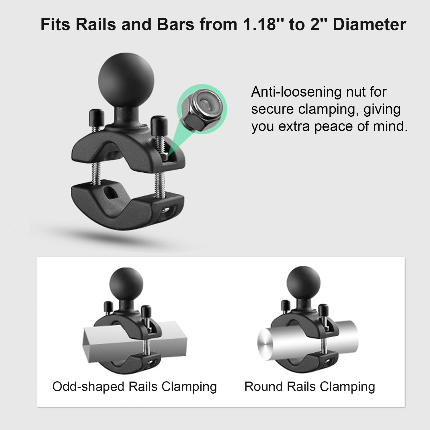 Aluminum Grab Bar Clamp Mount Base with 1.5'' Ball for Rails 1.18'' to 2'' in Diameter