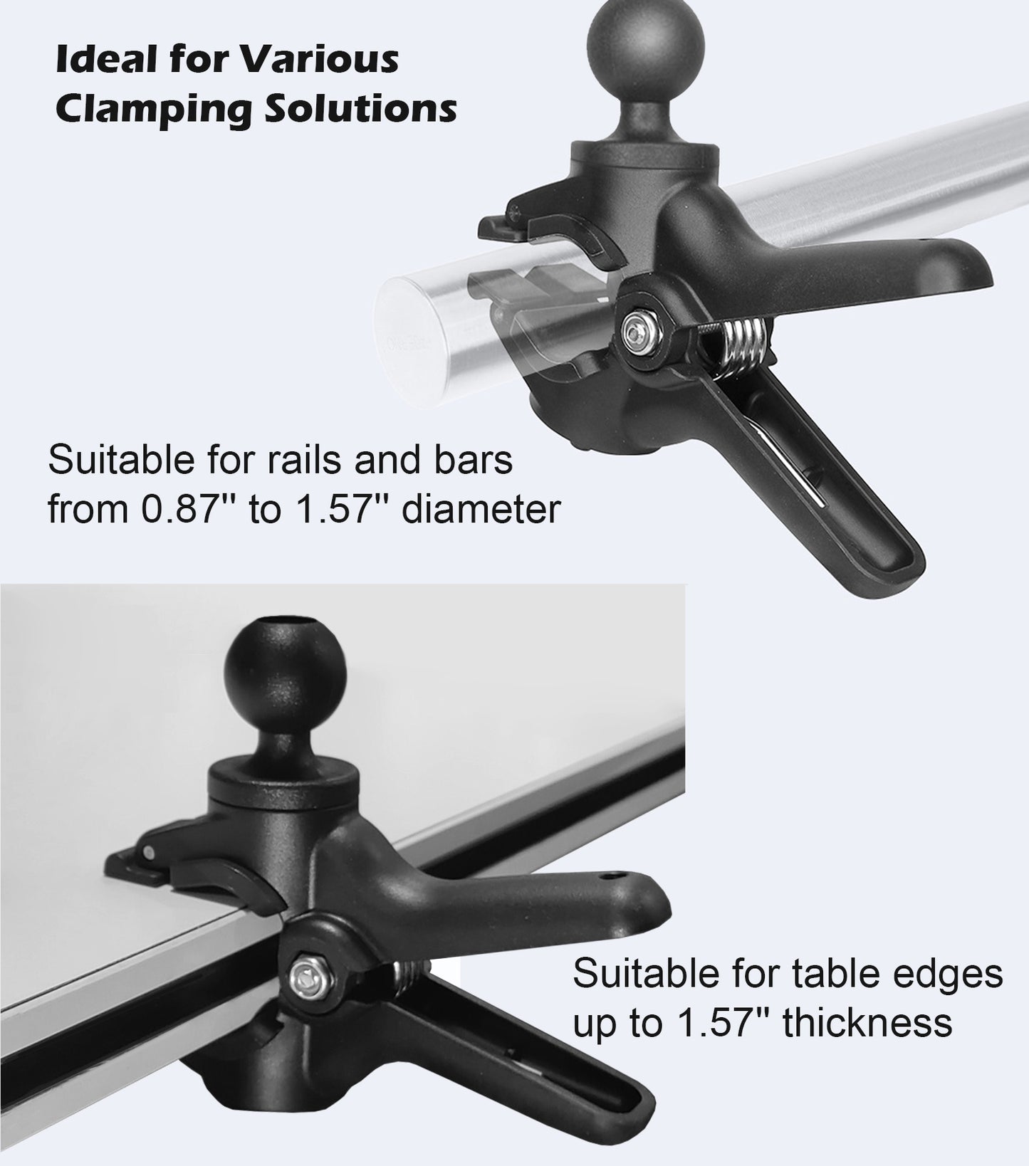 1S Quick Clamp, Handlebar Clamp Mount Base with 1'' Ball for 0.87"-1.57" Rails, Table/Desk Clip, Compatible with RAM Mounts B Size/1" Ball Double Socket Arm