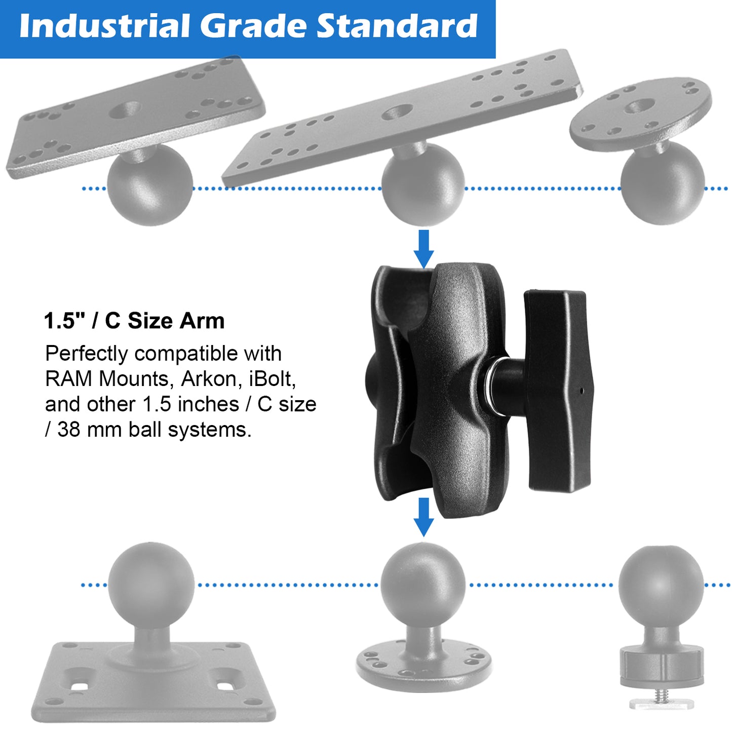 Bras court en aluminium (3,35") à double douille pour accessoires à rotule de 1,5"/taille C/38 mm, pince puissante, compatible avec les supports RAM, iBolt et plus encore.