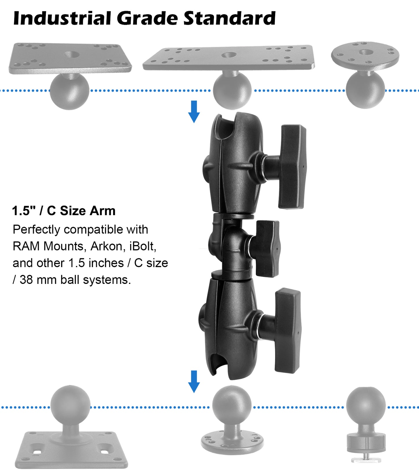 Bras à cliquet pivotant à double douille WINDFRD 8,1", compatible avec support RAM, accessoires à bille iBolt 1,5" / taille C / 38 mm, rotation à 360 degrés, réglable