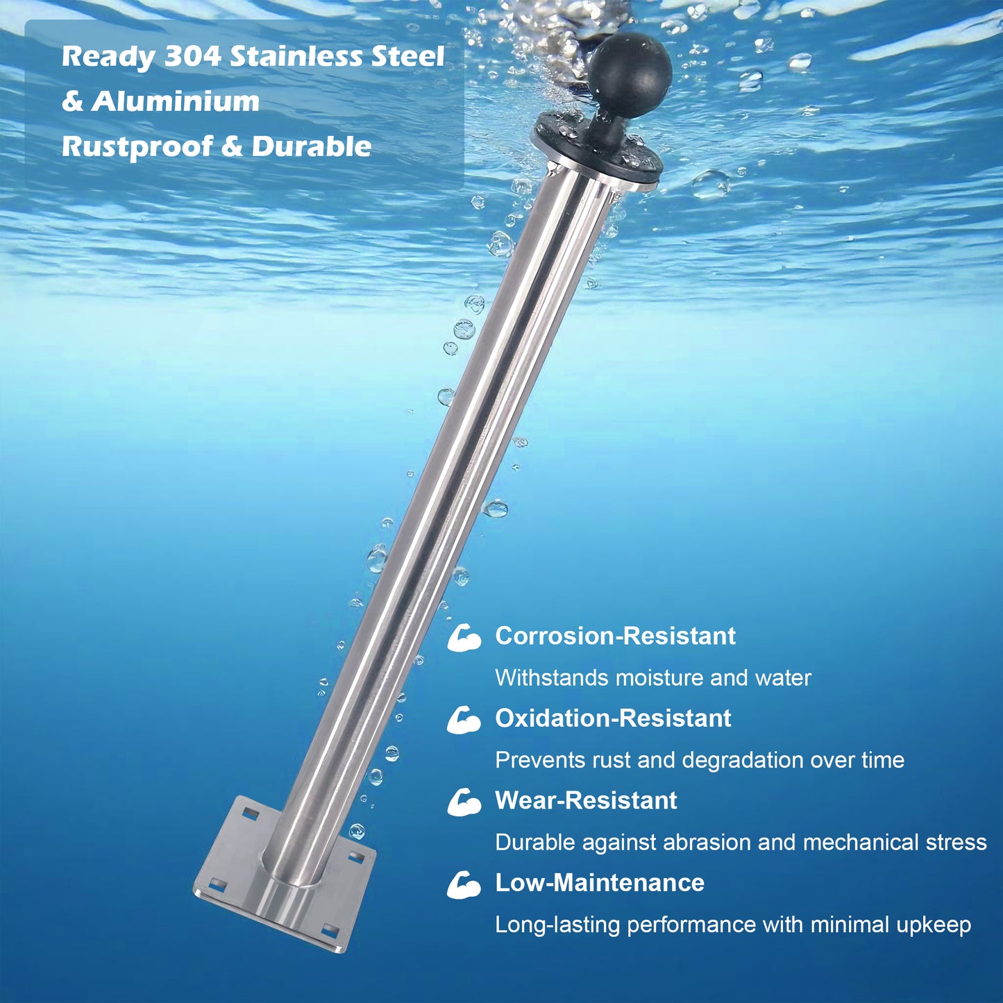 WINDFRD All 304 Stainless Steel Mount Base with 17" Long Arm, Aluminum 1.5" Ball Adapter for Tablets/Fish Finders, Compatible with RAM, Arkon, iBolt and More 1.5 inches/C Size Ball Double Socket Arm