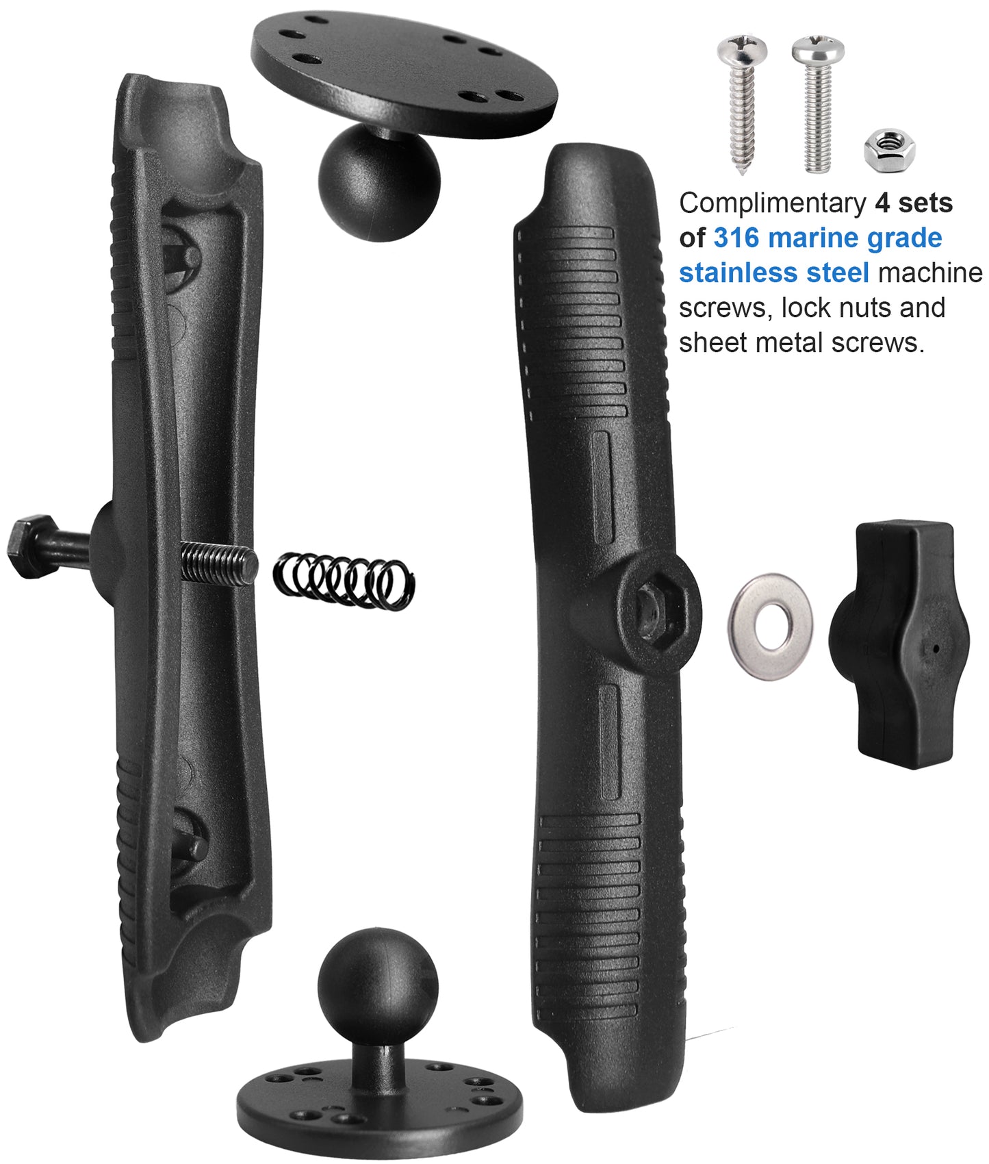 Support à double rotule 1" avec deux plaques rondes AMPS, bras en aluminium long (17 cm/6,7") et adaptateurs à rotule 1"/25 mm/taille B, compatible avec RAM, Arkon, iBolt et plus encore.