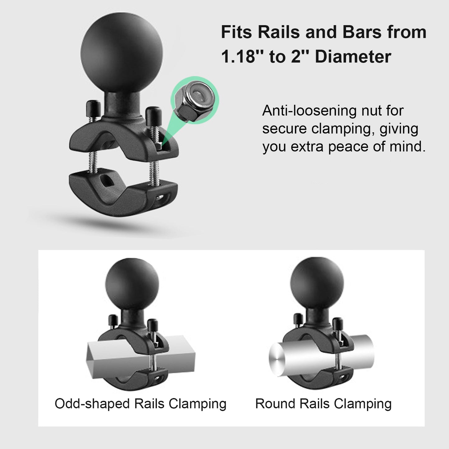 Base de fixation pour barre d'appui en aluminium avec boule de 2,25 pouces pour rails de 1,18 à 2 pouces de diamètre, compatible avec les supports RAM D, bras à double douille sphérique de 2,25 pouces