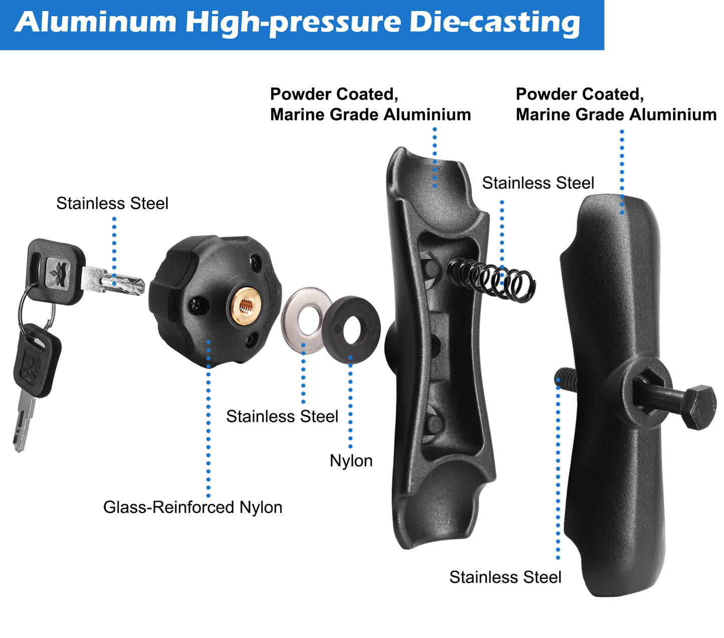 Bras à double douille WINDFRD en aluminium de 1,5" (3,8 cm) de longueur moyenne (15 cm) avec système de bouton antivol, compatible avec les supports RAM, iBolt et autres accessoires de 38 mm (taille C), pour sondeur, support de tablette et camion.