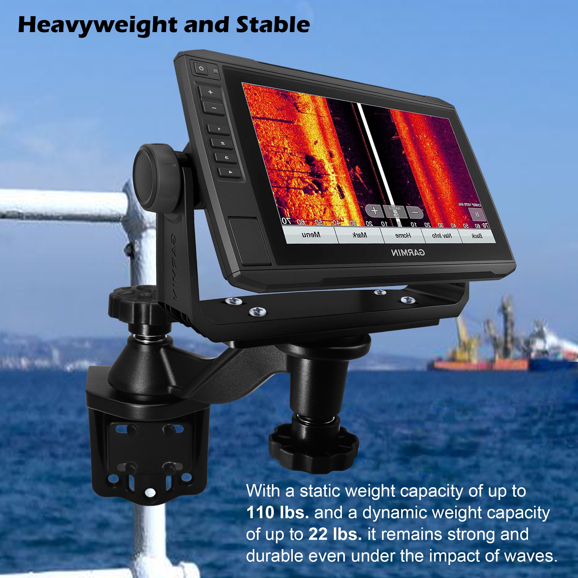 All Aluminium Fish Finder/Chartplotter Mount, 360° Swivel Adjustable, Securely Holds 7" to 16" Screens (Rails&Flat Mounting)