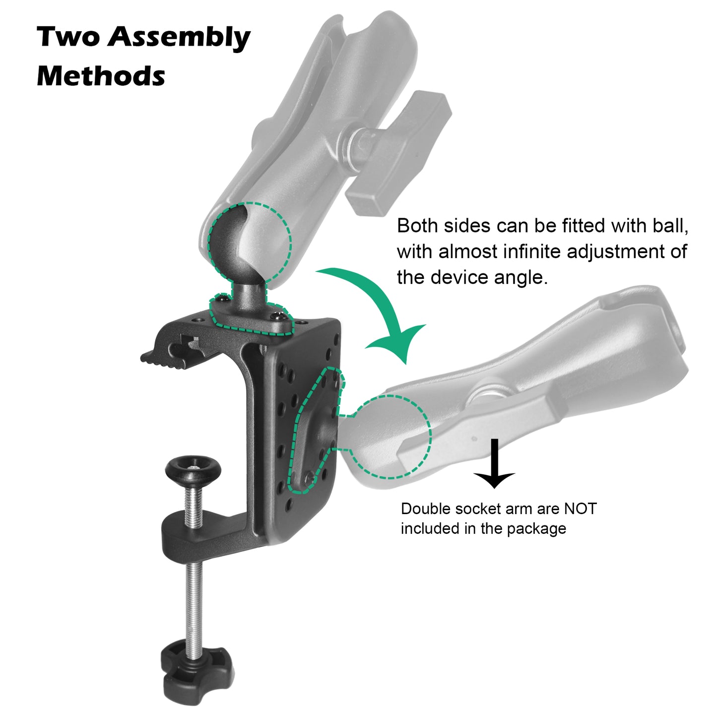 Base de montage en aluminium robuste avec grande ouverture de serrage en C et boule de 1,5", poignée de bureau/plate-forme latérale, dégagement rapide, compatible avec les supports RAM C, bras à double douille à boule de 1,5 pouce