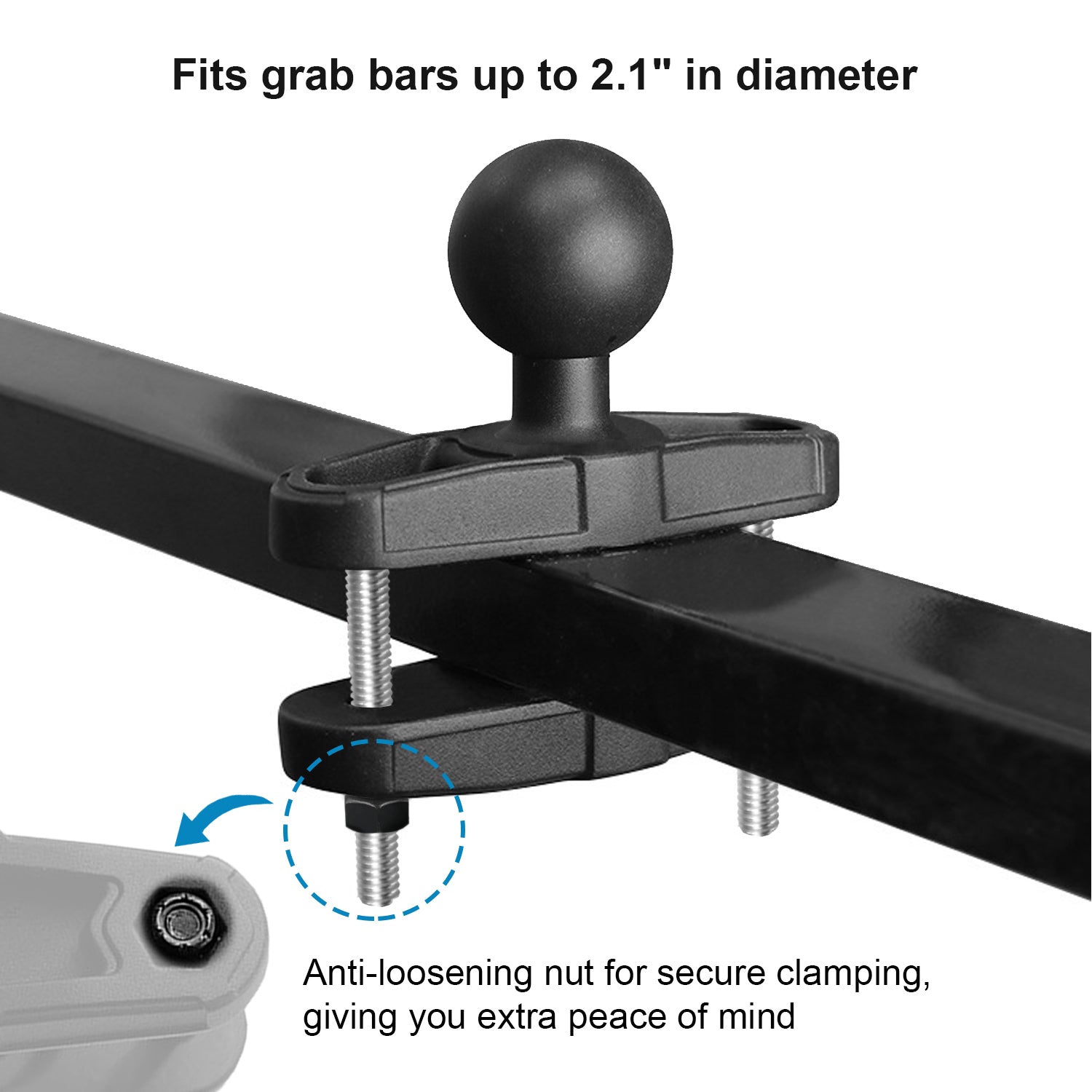 Aluminum Grab Bar Clamp Mount Base with 1.5'' Ball for Square Rails up to 2.1'' in Diameter