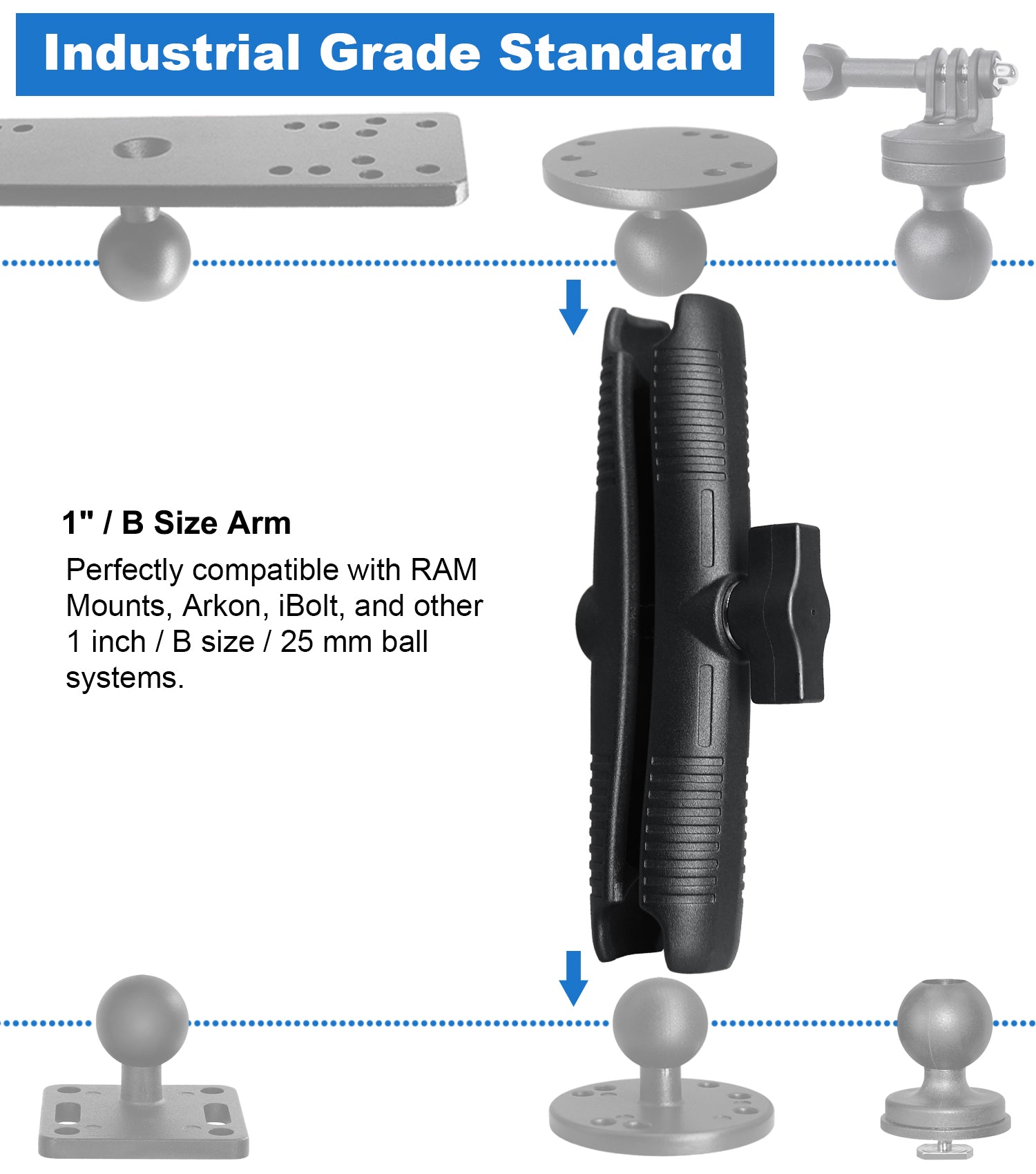 Aluminum Long(6.7"/17cm) Double Socket Arm for 1 Inch/B Size / 25mm Ball Accessories