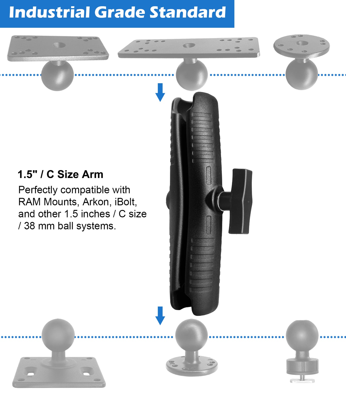 Bras à double douille WINDFRD en aluminium de 23,1 cm de long pour accessoires à rotule de 38 mm (1,5 po/taille C), pince puissante, robuste, compatible avec les supports RAM, iBolt et plus encore.