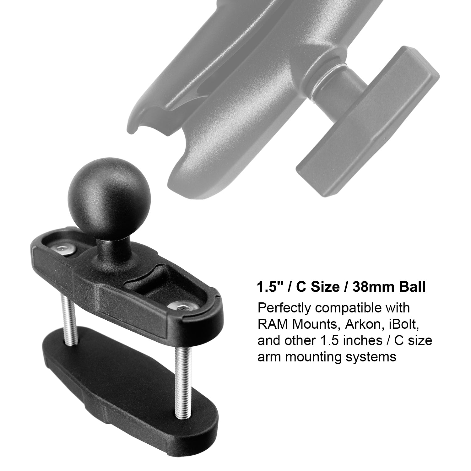 Aluminum Grab Bar Clamp Mount Base with 1.5'' Ball for Square Rails up to 2.1'' in Diameter