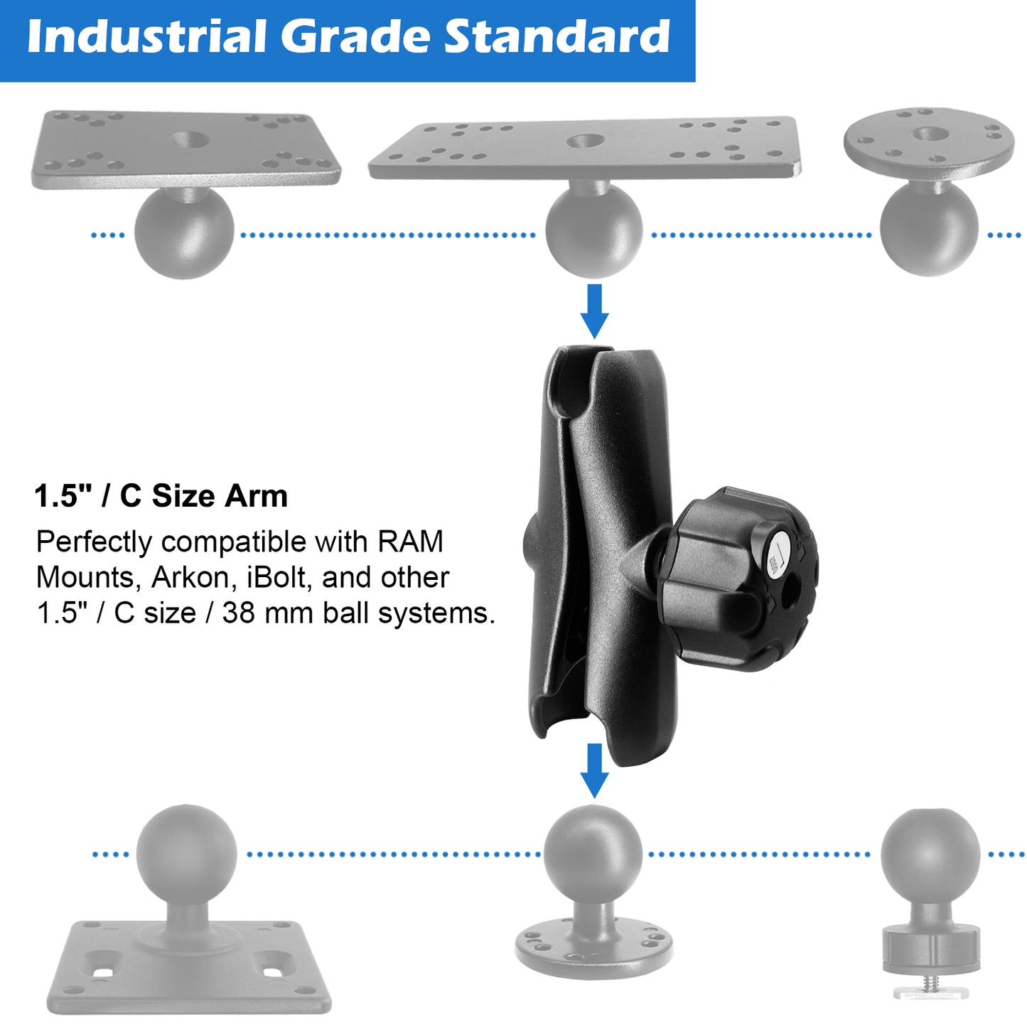 Bras à double douille WINDFRD en aluminium de 1,5" (3,8 cm) de longueur moyenne (15 cm) avec système de bouton antivol, compatible avec les supports RAM, iBolt et autres accessoires de 38 mm (taille C), pour sondeur, support de tablette et camion.