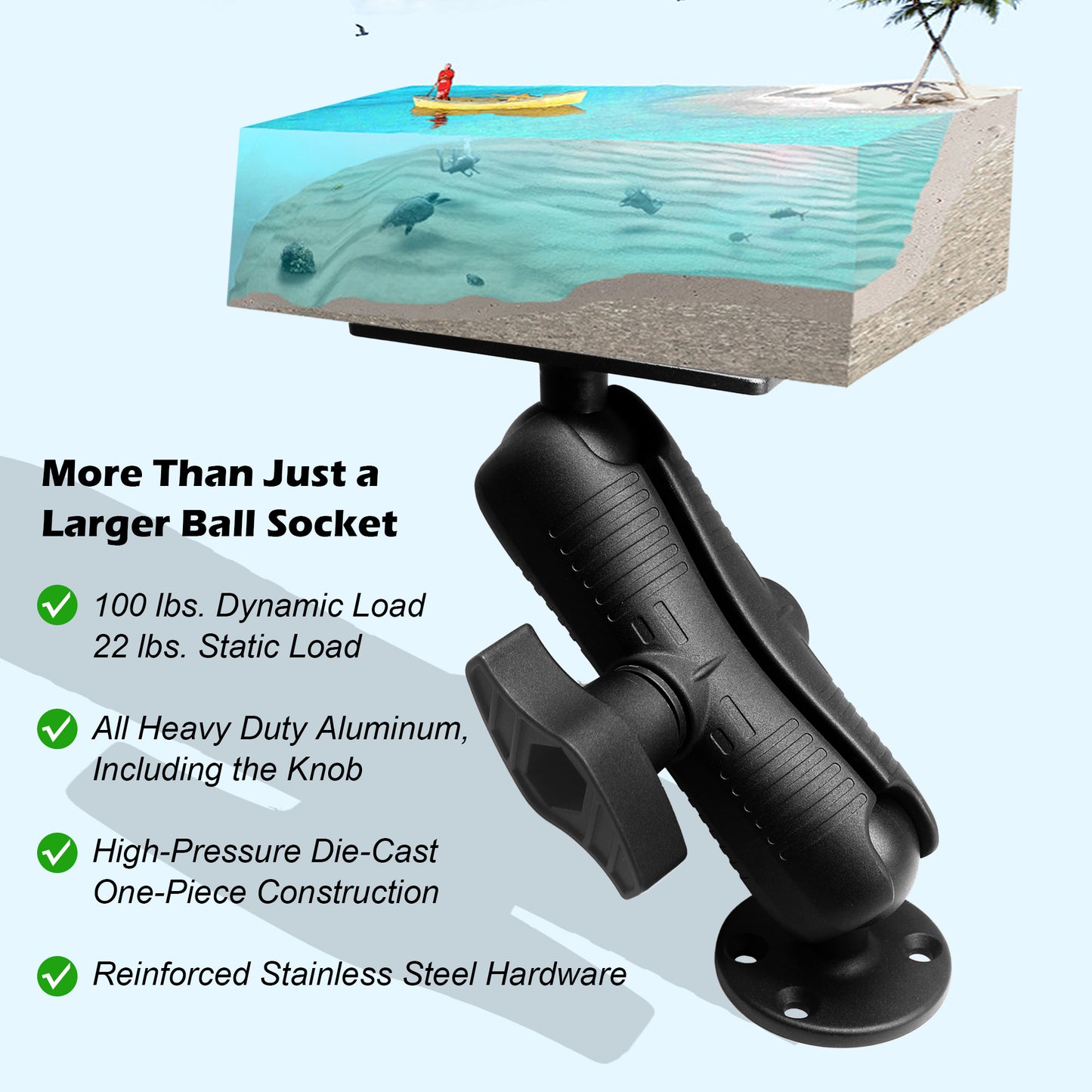 WINDFRD All Aluminum D Size/2.25" Ball Fish Finder Mount with wrench for 7" to 16" Large Fishfinder, Compatible with Garmin, Lowrance, Humminbird and More Marine Electronic Depth Finder