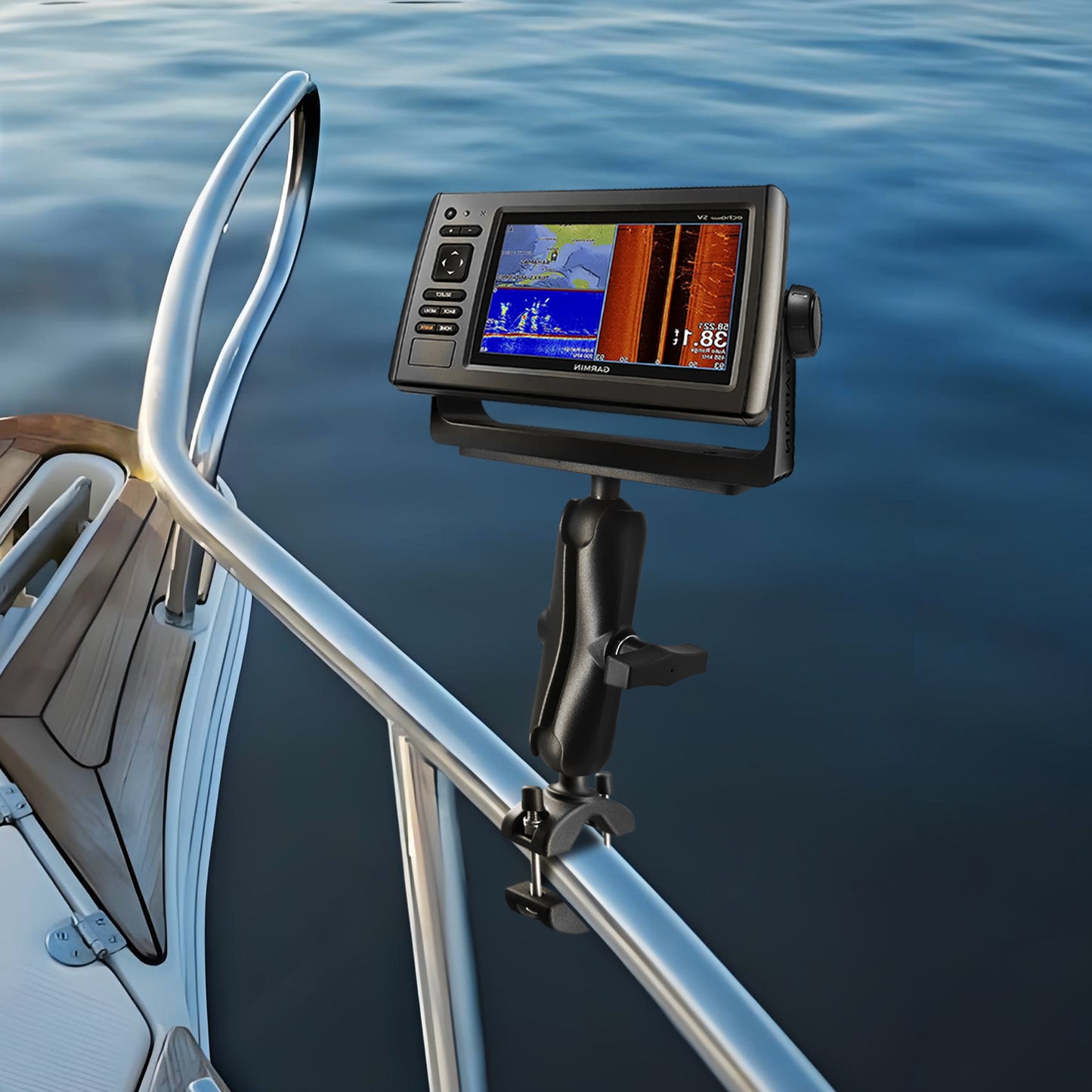 WINDFRD 1.5" Ball Aluminum Fish Finder Mount with Clamp Mount Base for Rails 1.18'' to 2'' in Diameter, Medium Arm Marine Electronic/Depth Finder Mount for Boat, Compatible with Garmin, Lowrance and More