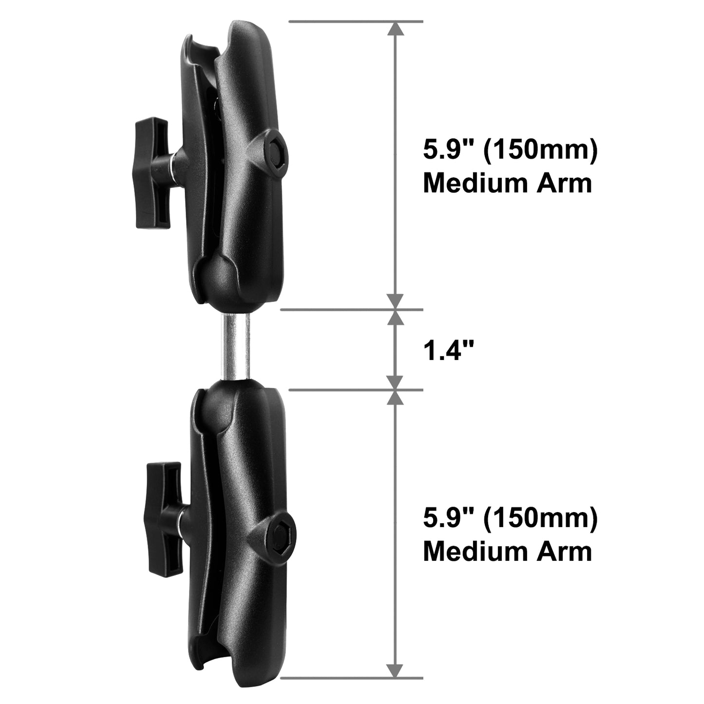 Bras double en aluminium WINDFRD à deux douilles moyennes (5,9") avec adaptateur à double rotule pour accessoires à rotule de 1,5 pouce/taille C/38 mm, pince puissante, réglable à 360°, compatible avec support RAM, iBolt et plus encore.