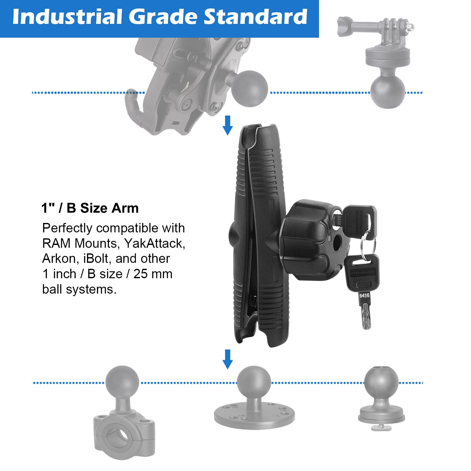 Aluminum 1 inches 6.69''(170mm) Double Socket Arm with Anti-Theft Lock, Fits 1" Ball