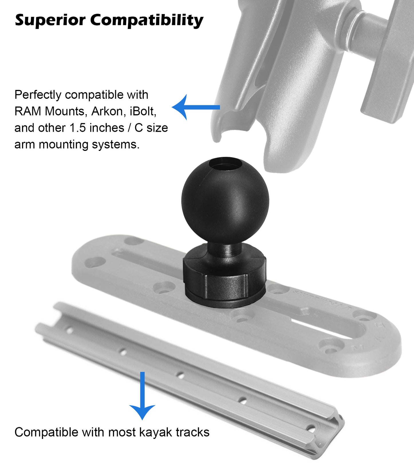 WINDFRD Lot de 2 supports à rotule de 1,5" avec fixation par boulon en T pour rail de kayak/bateau, compatibles avec RAM, Arkon, iBolt et autres supports à rotule de 1,5"/taille C, pour support de détecteur de poissons/GPS