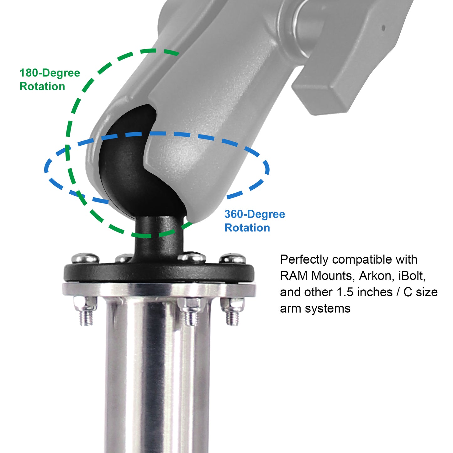 WINDFRD All 304 Stainless Steel Mount Base with 17" Long Arm, Aluminum 1.5" Ball Adapter for Tablets/Fish Finders, Compatible with RAM, Arkon, iBolt and More 1.5 inches/C Size Ball Double Socket Arm