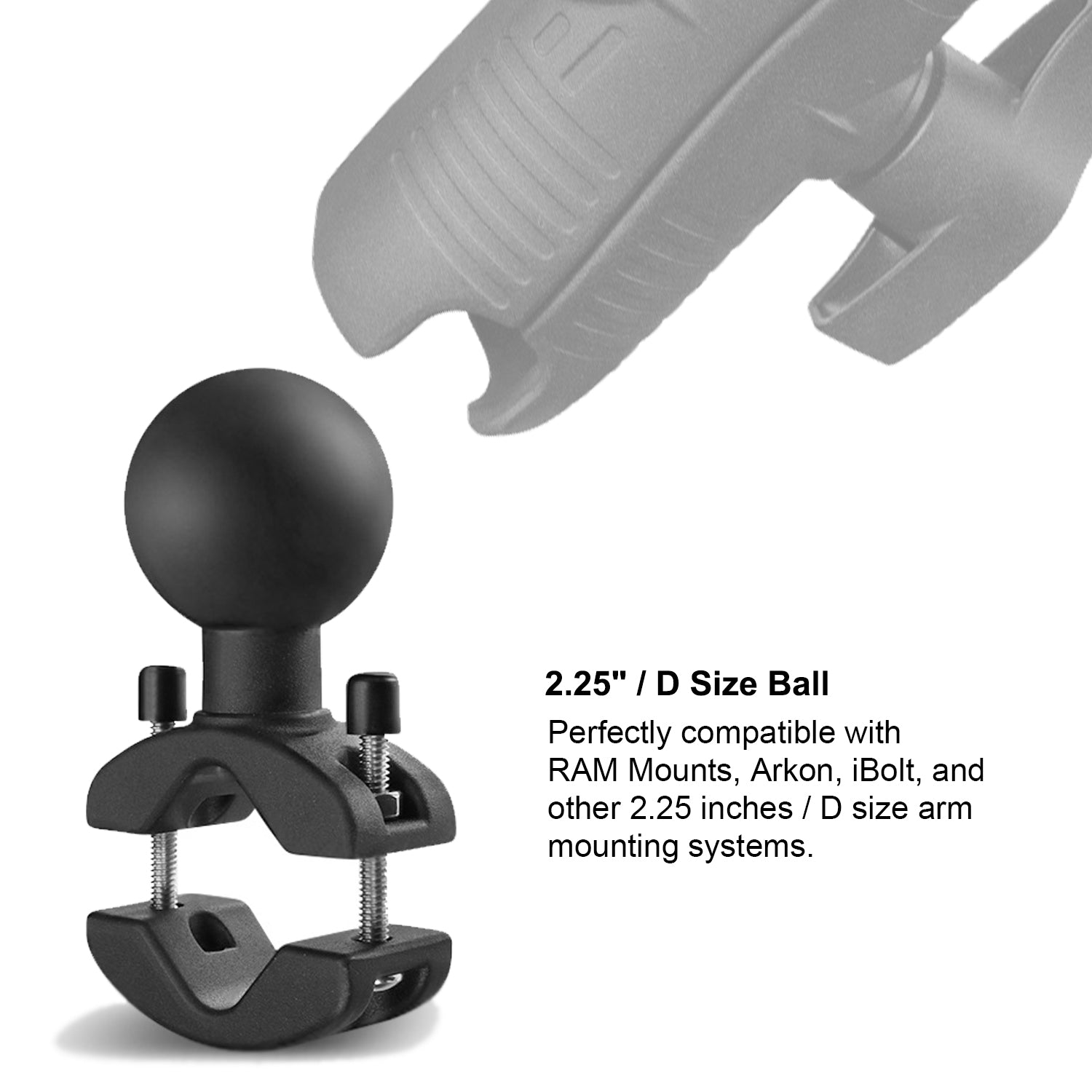 Aluminum Grab Bar Clamp Mount Base with 2.25'' Ball for Rails 1.18'' to 2'' in Diameter