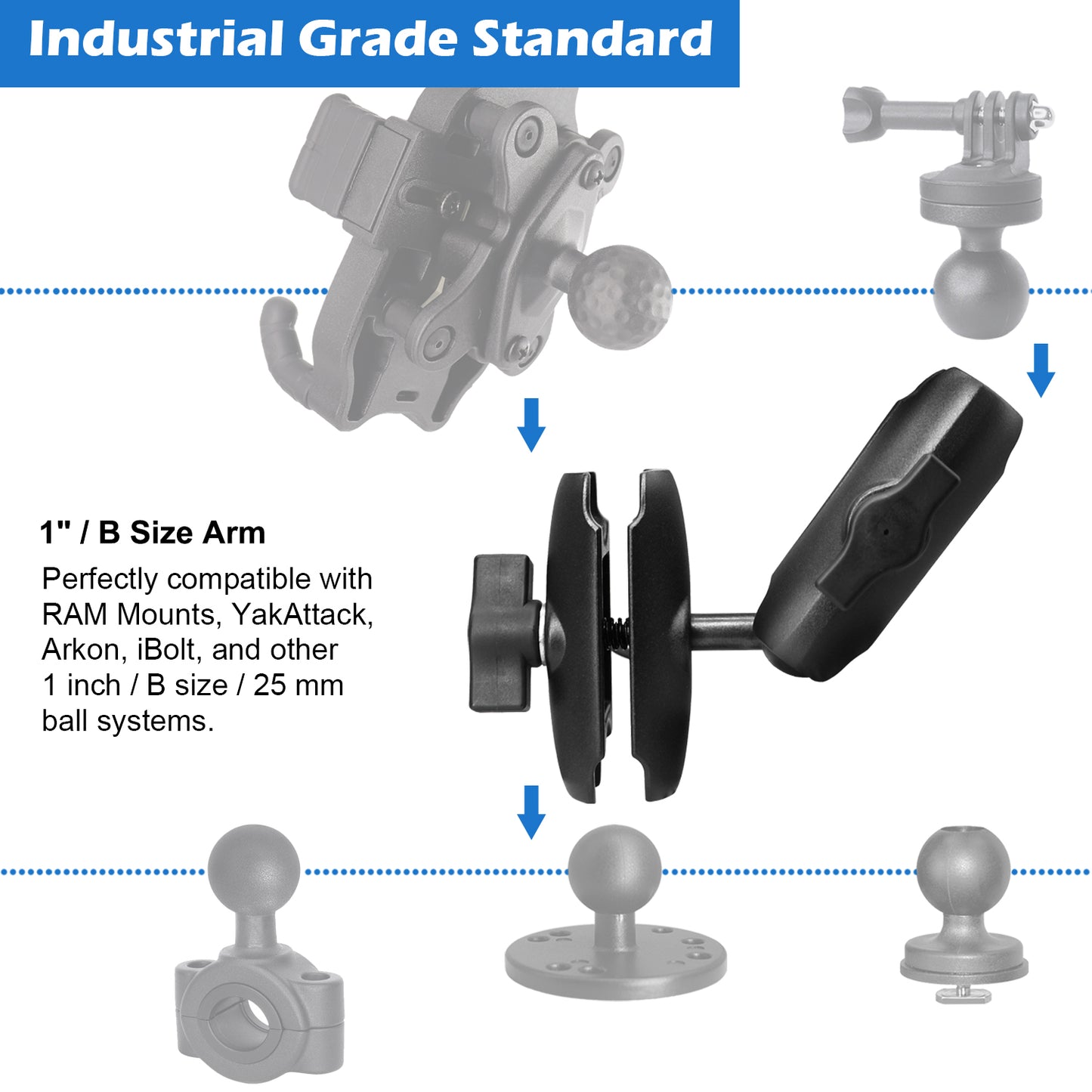 Bras double douille 2 en 1 en aluminium WINDFRD avec rotule de 2,5 cm, compatible avec support RAM, accessoires iBolt 2,5 cm/taille B/rotule de 25 mm, rotation à 360 degrés, bras de montage double réglable