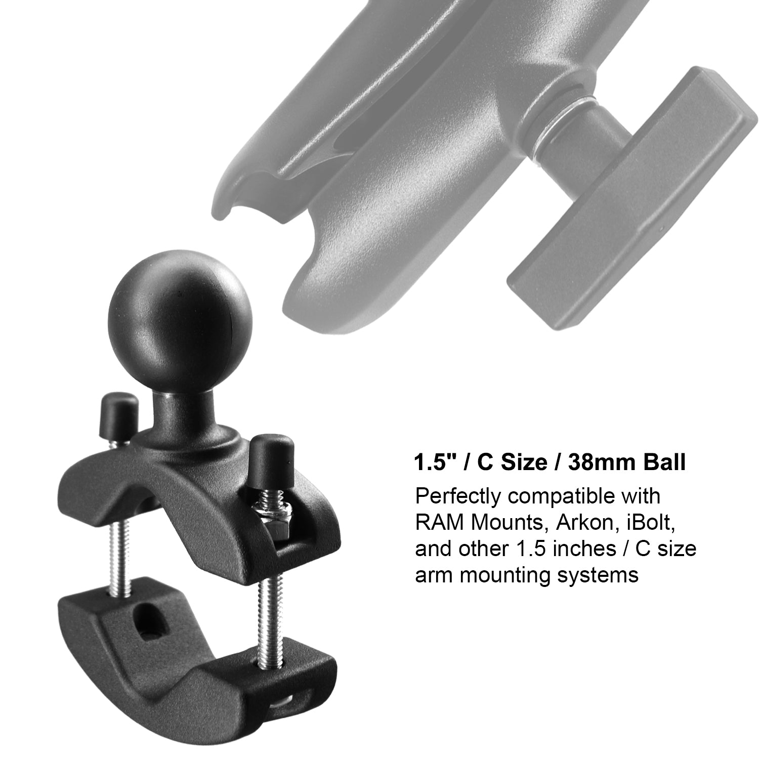 Aluminum Grab Bar Clamp Mount Base with 1.5'' Ball for Rails 1.18'' to 2'' in Diameter
