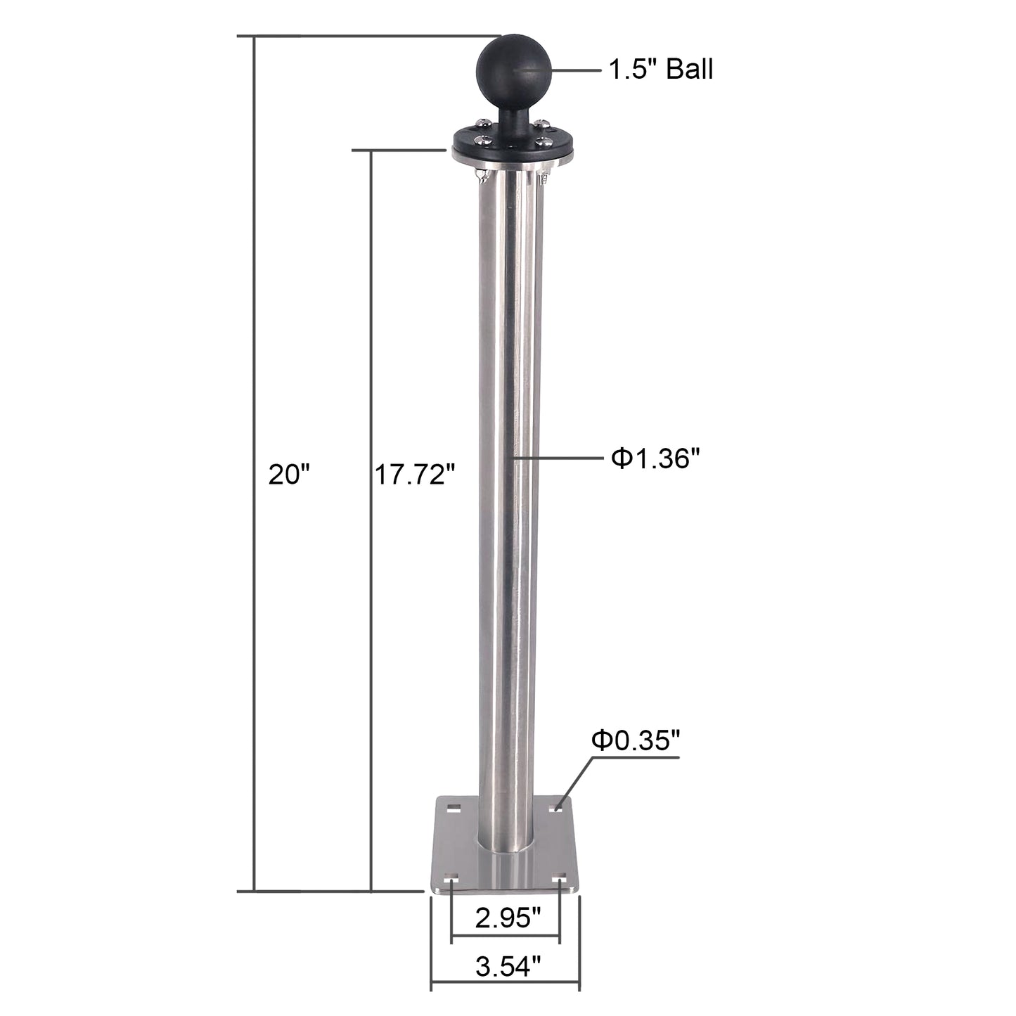 WINDFRD All 304 Stainless Steel Mount Base with 17" Long Arm, Aluminum 1.5" Ball Adapter for Tablets/Fish Finders, Compatible with RAM, Arkon, iBolt and More 1.5 inches/C Size Ball Double Socket Arm