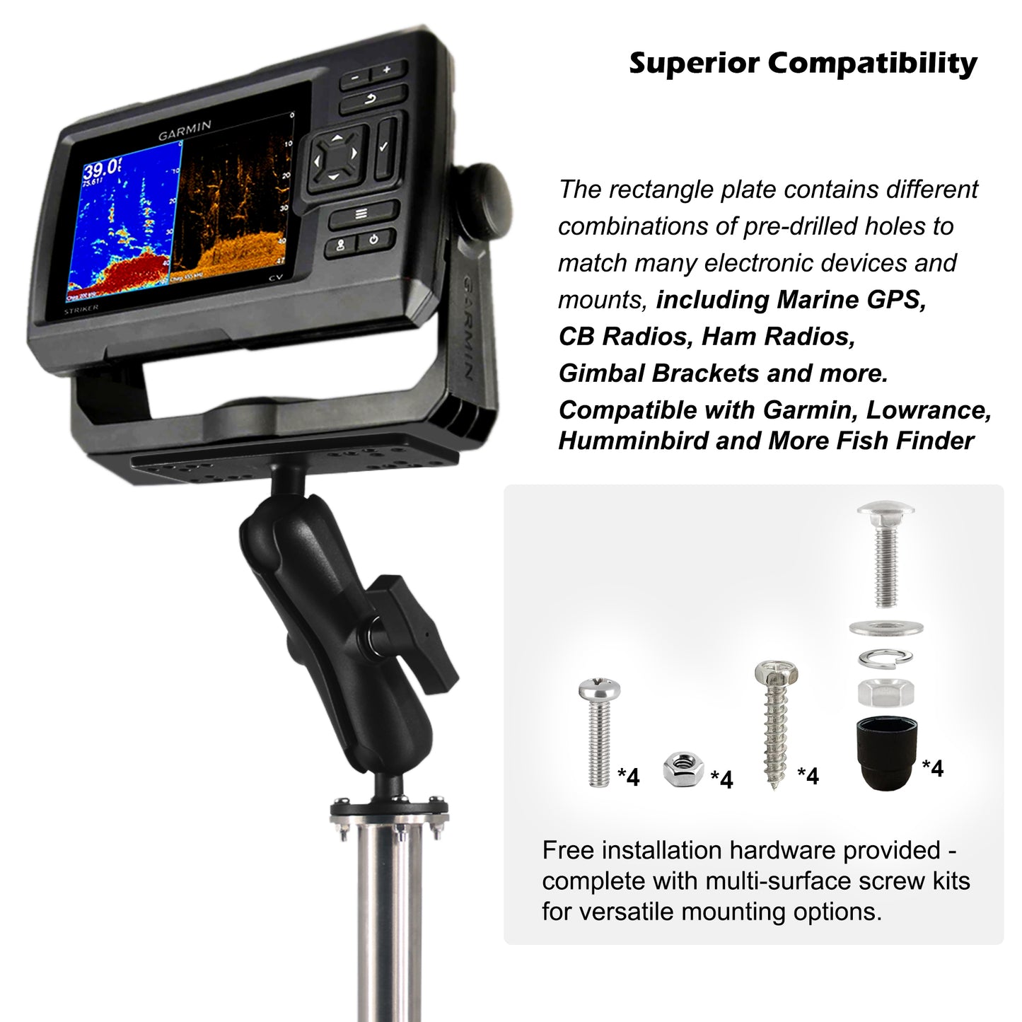 WINDFRD All 304 Stainless Steel and Aluminum Fish Finder Mount with 17" Long Shaft and 1.5" Ball/C Size 5.9" Adjustable Arm, Marine Electronic/Depth Finder Mount, Compatible with Garmin, Lowrance, Humminbird and More