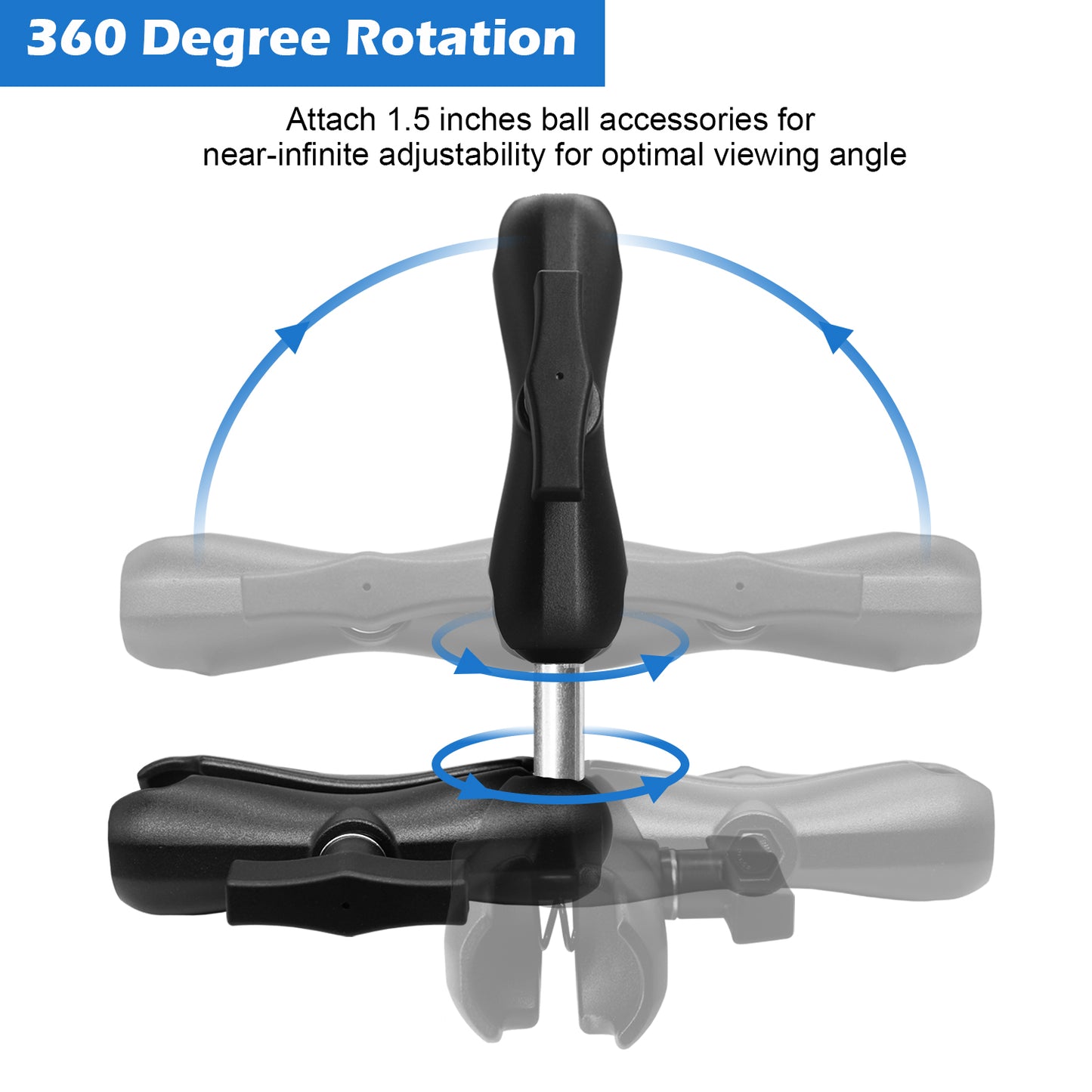 Bras double en aluminium WINDFRD à deux douilles moyennes (5,9") avec adaptateur à double rotule pour accessoires à rotule de 1,5 pouce/taille C/38 mm, pince puissante, réglable à 360°, compatible avec support RAM, iBolt et plus encore.