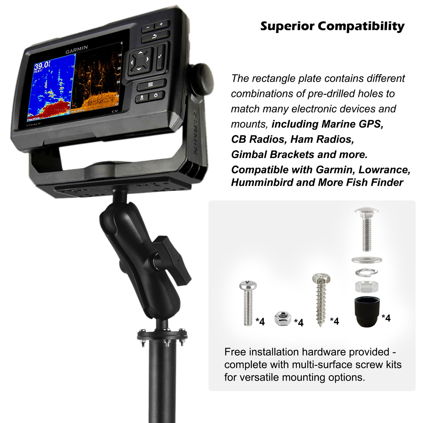 WINDFRD All Aluminum Fish Finder Mount with 17" Long Shaft and 1.5" Ball/C Size 5.9" Adjustable Arm, Marine Electronic/Depth Finder Mount, Compatible with Garmin, Lowrance, Humminbird and More