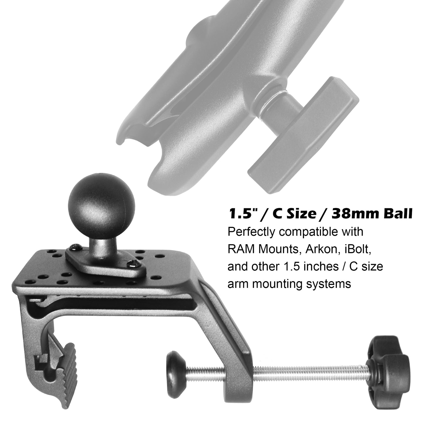 Base de montage en aluminium robuste avec grande ouverture de serrage en C et boule de 1,5", poignée de bureau/plate-forme latérale, dégagement rapide, compatible avec les supports RAM C, bras à double douille à boule de 1,5 pouce
