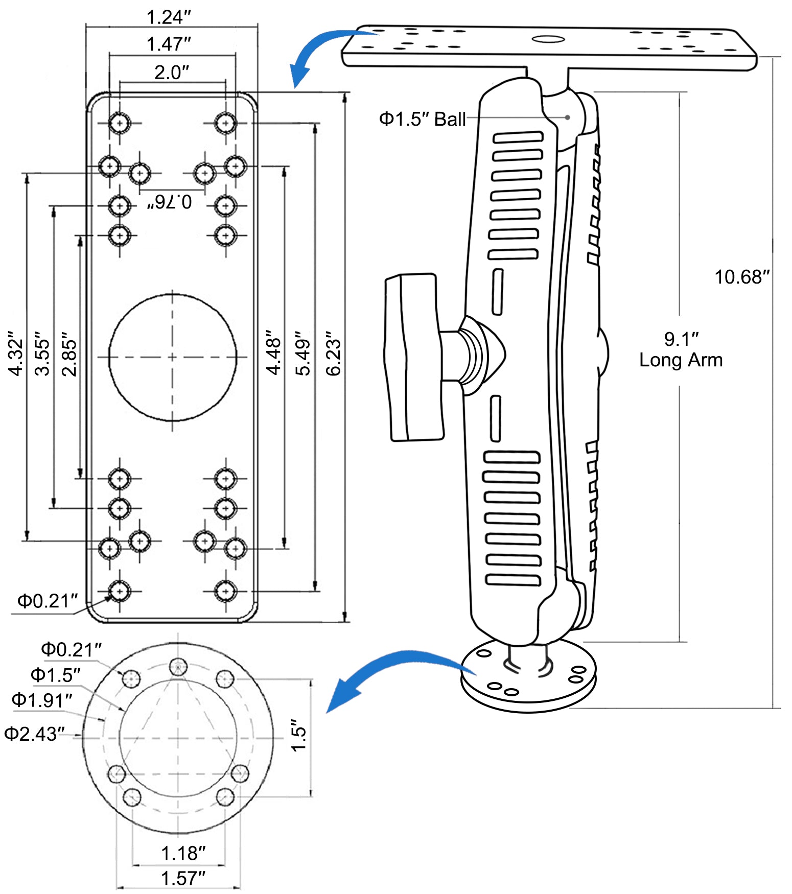 Aluminum Fish Finder Mount with 1.5" / C Size Ball, Heavy Duty 9.1" Long Arm