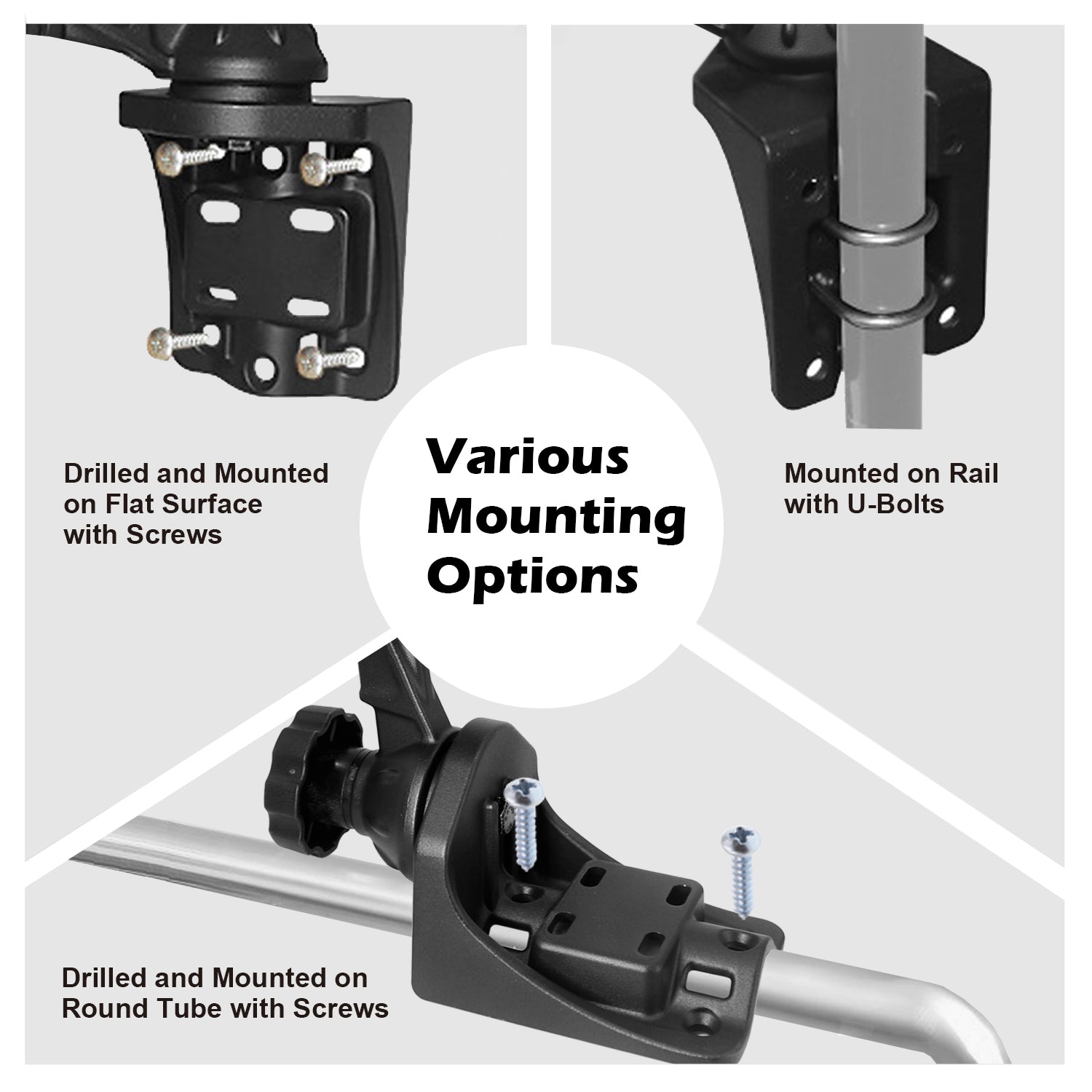 All Aluminium Fish Finder/Chartplotter Mount, 360° Swivel Adjustable, Securely Holds 7" to 16" Screens (Rails&Flat Mounting)