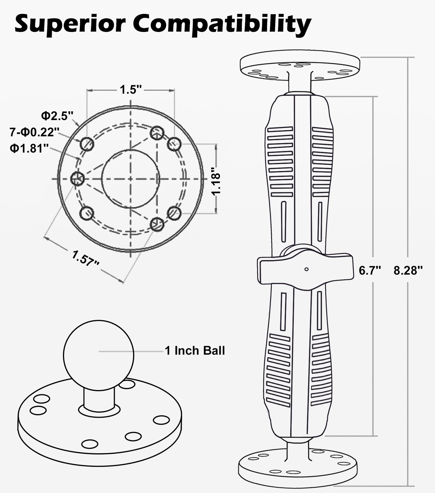Support à double rotule 1" avec deux plaques rondes AMPS, bras en aluminium long (17 cm/6,7") et adaptateurs à rotule 1"/25 mm/taille B, compatible avec RAM, Arkon, iBolt et plus encore.