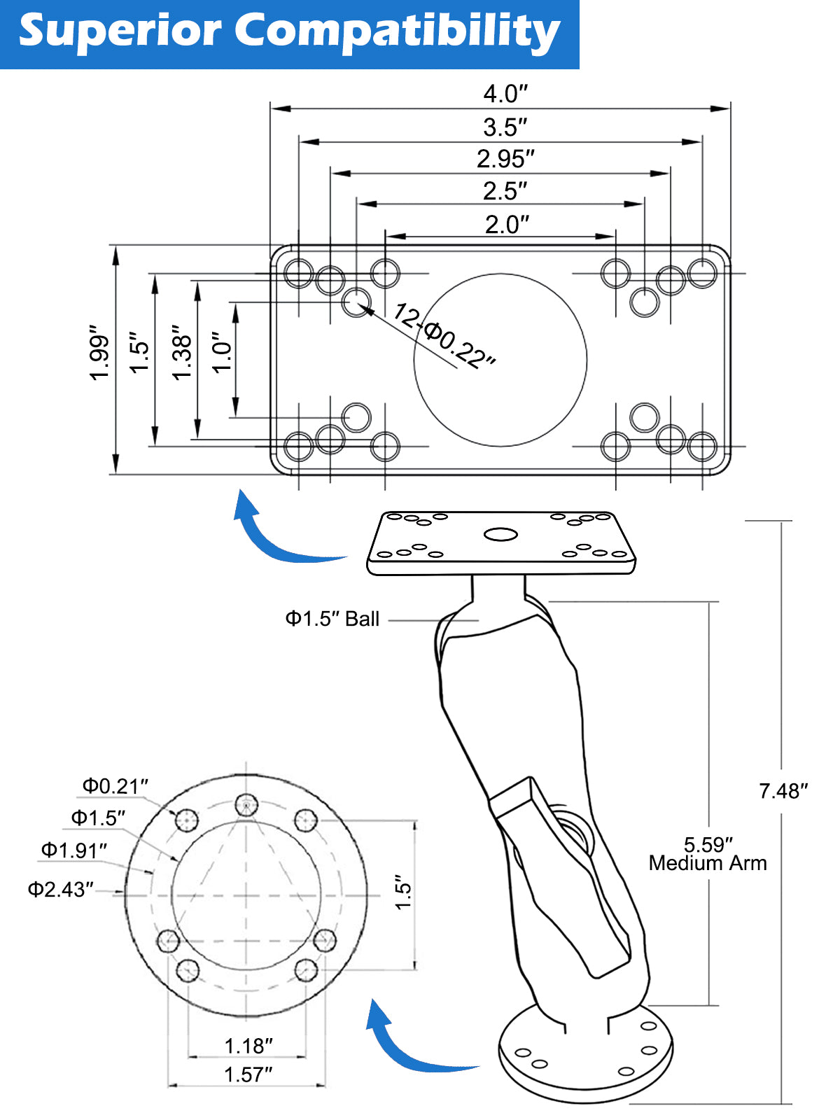 1.5" Ball Fish Finder Mount for Hummingbird