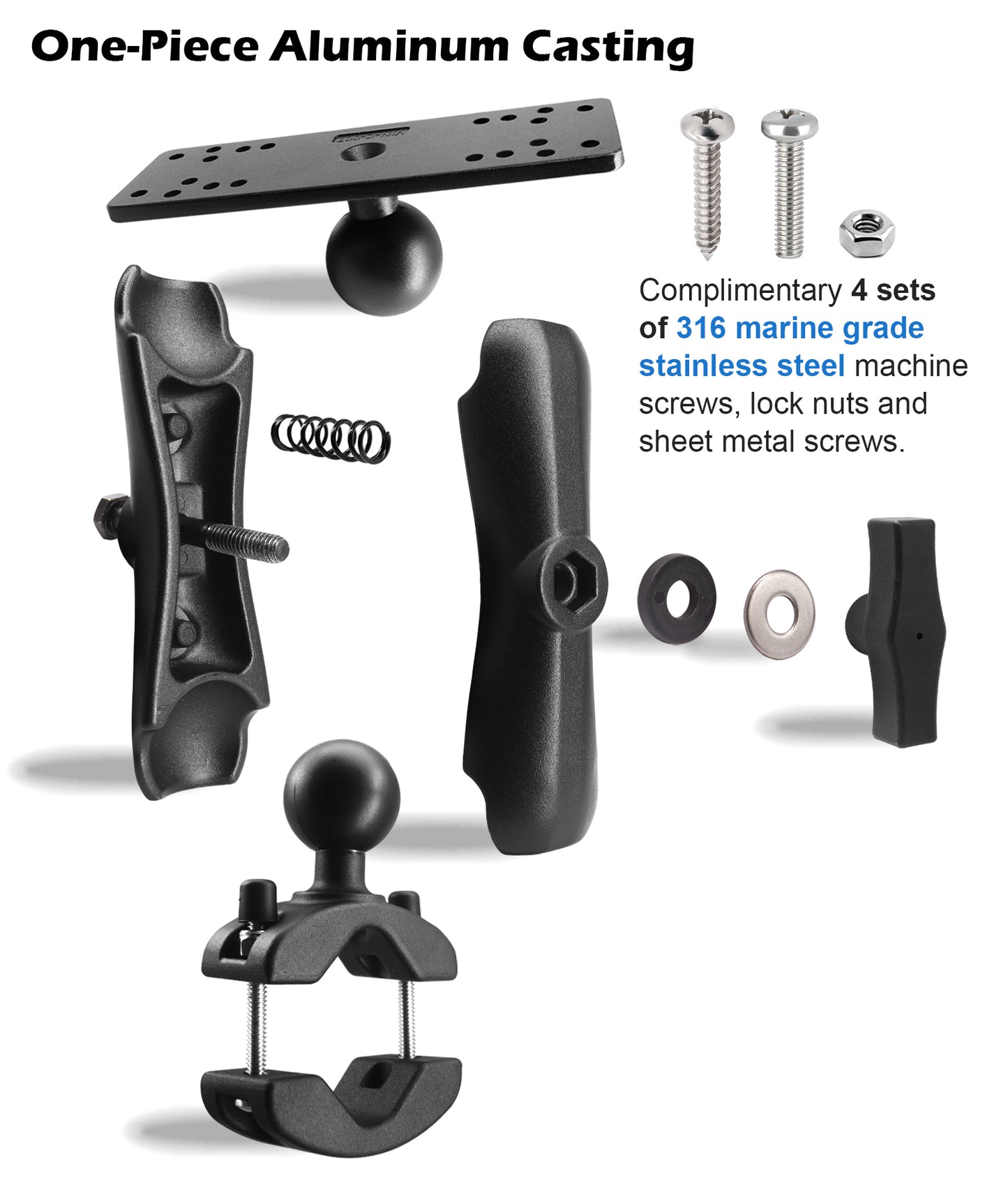 WINDFRD 1.5" Ball Aluminum Fish Finder Mount with Clamp Mount Base for Rails 1.18'' to 2'' in Diameter, Medium Arm Marine Electronic/Depth Finder Mount for Boat, Compatible with Garmin, Lowrance and More