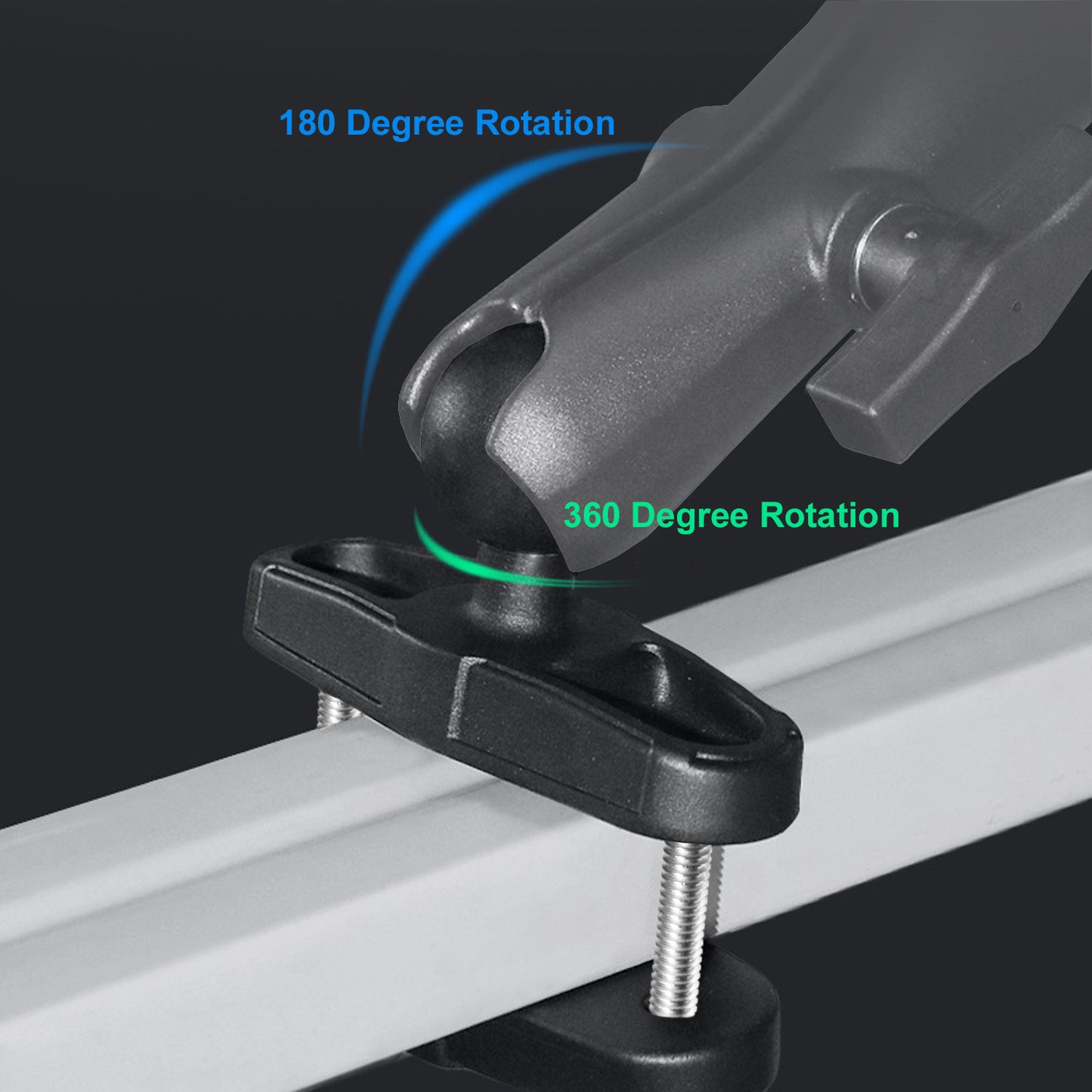 Base de fixation pour barre d'appui en aluminium avec boule de 1,5 po pour rails carrés jusqu'à 2,1 po de diamètre, compatible avec les supports RAM de taille C, bras à double douille à boule de 1,5 po