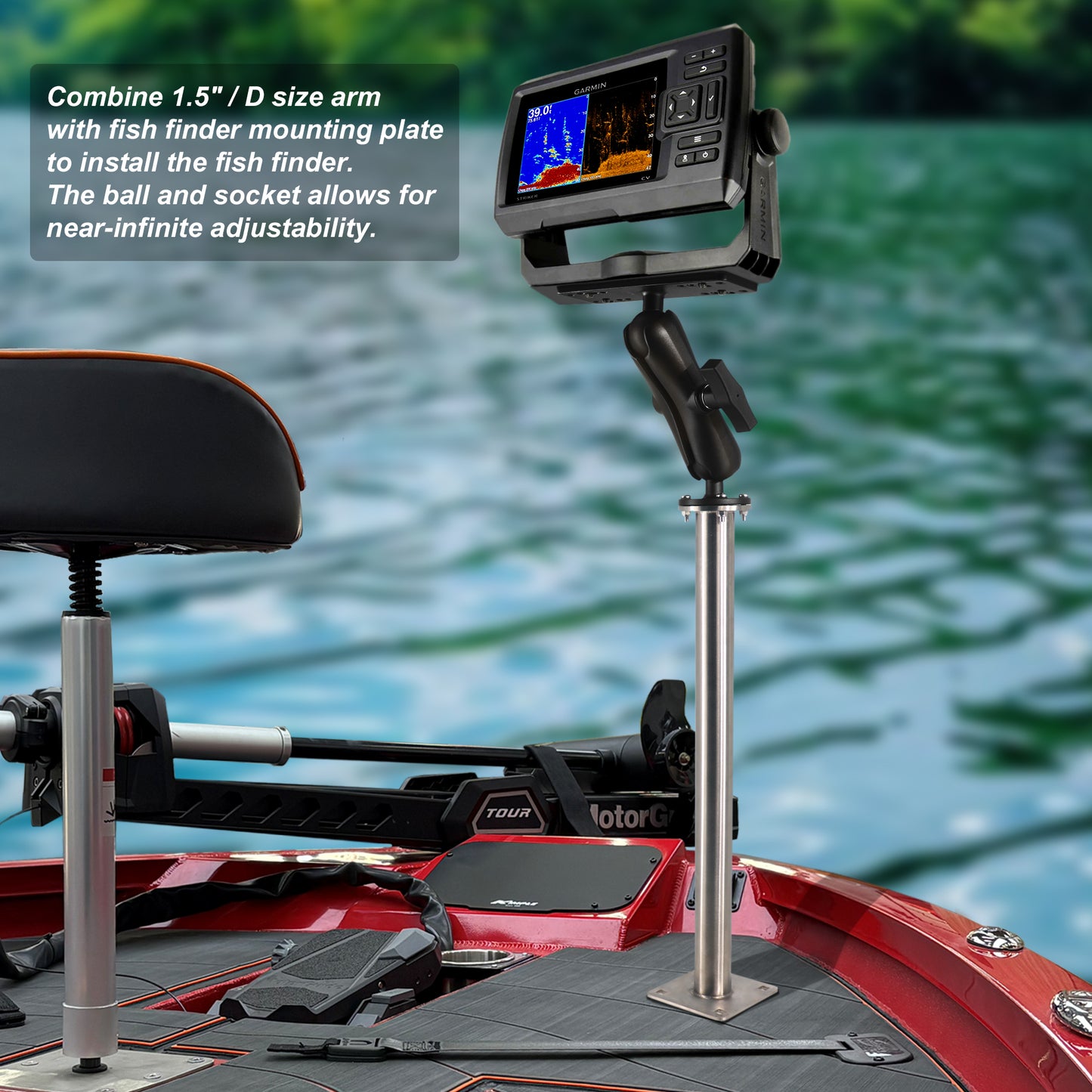 WINDFRD All 304 Stainless Steel Mount Base with 17" Long Arm, Aluminum 1.5" Ball Adapter for Tablets/Fish Finders, Compatible with RAM, Arkon, iBolt and More 1.5 inches/C Size Ball Double Socket Arm