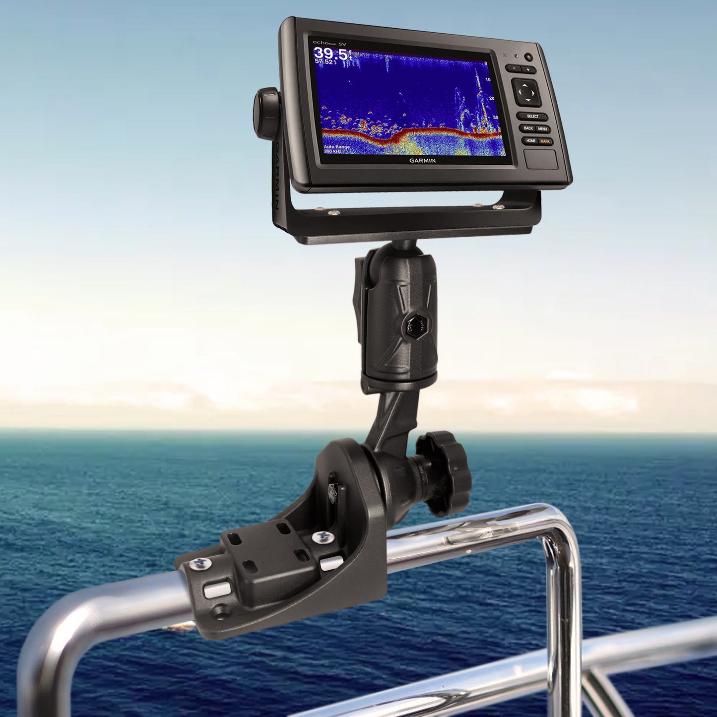 WINDFRD Aluminium Fish Finder Mount with 1.5" / C Size Ball, Reinforced Arm Depth Finder Mount, Compatible with Garmin, Lowrance and More (Rails&Flat Mounting)